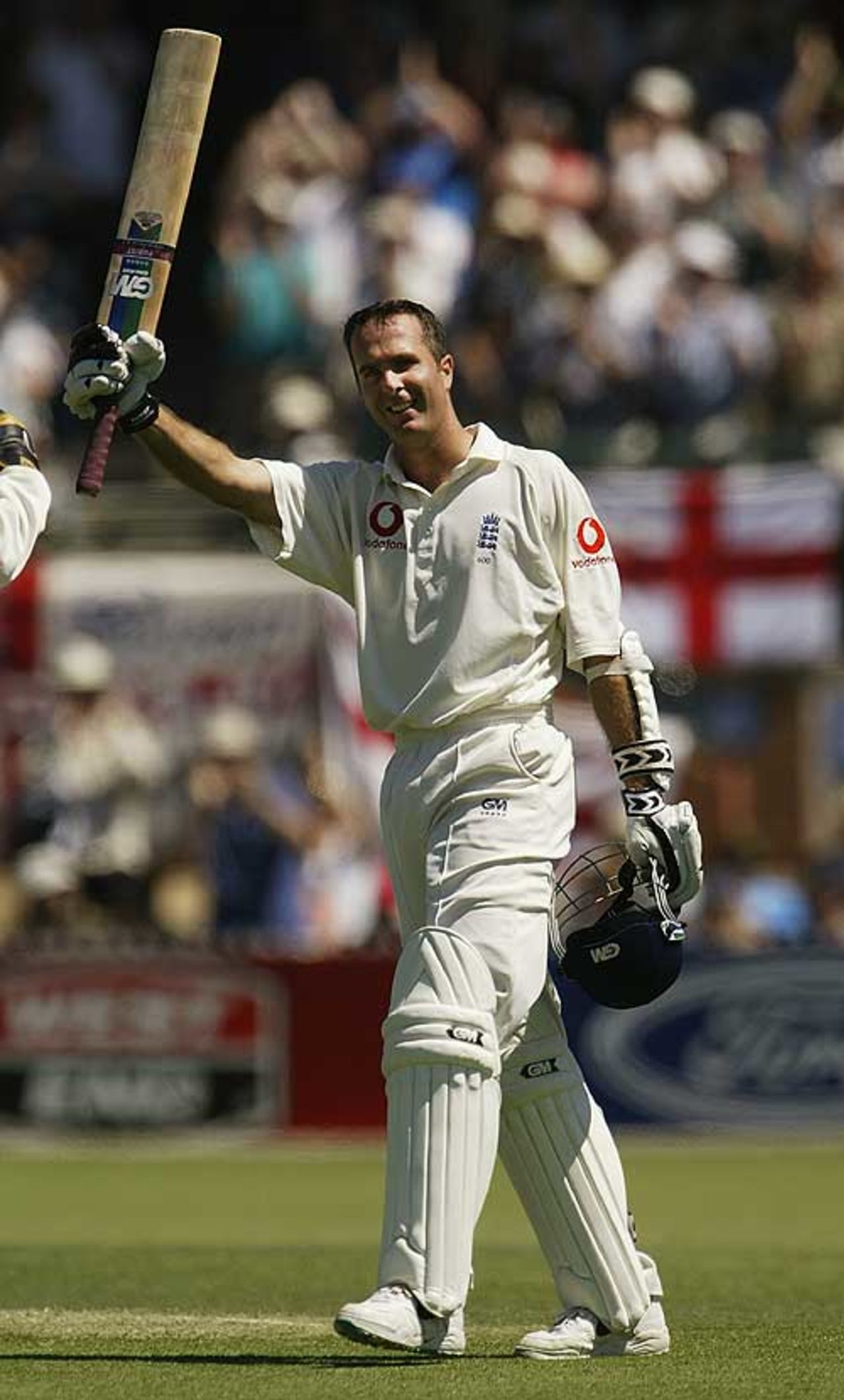 England opening batsman Michael Vaughan celebrates his ton, Australia v England, 2nd Test at Adelaide,