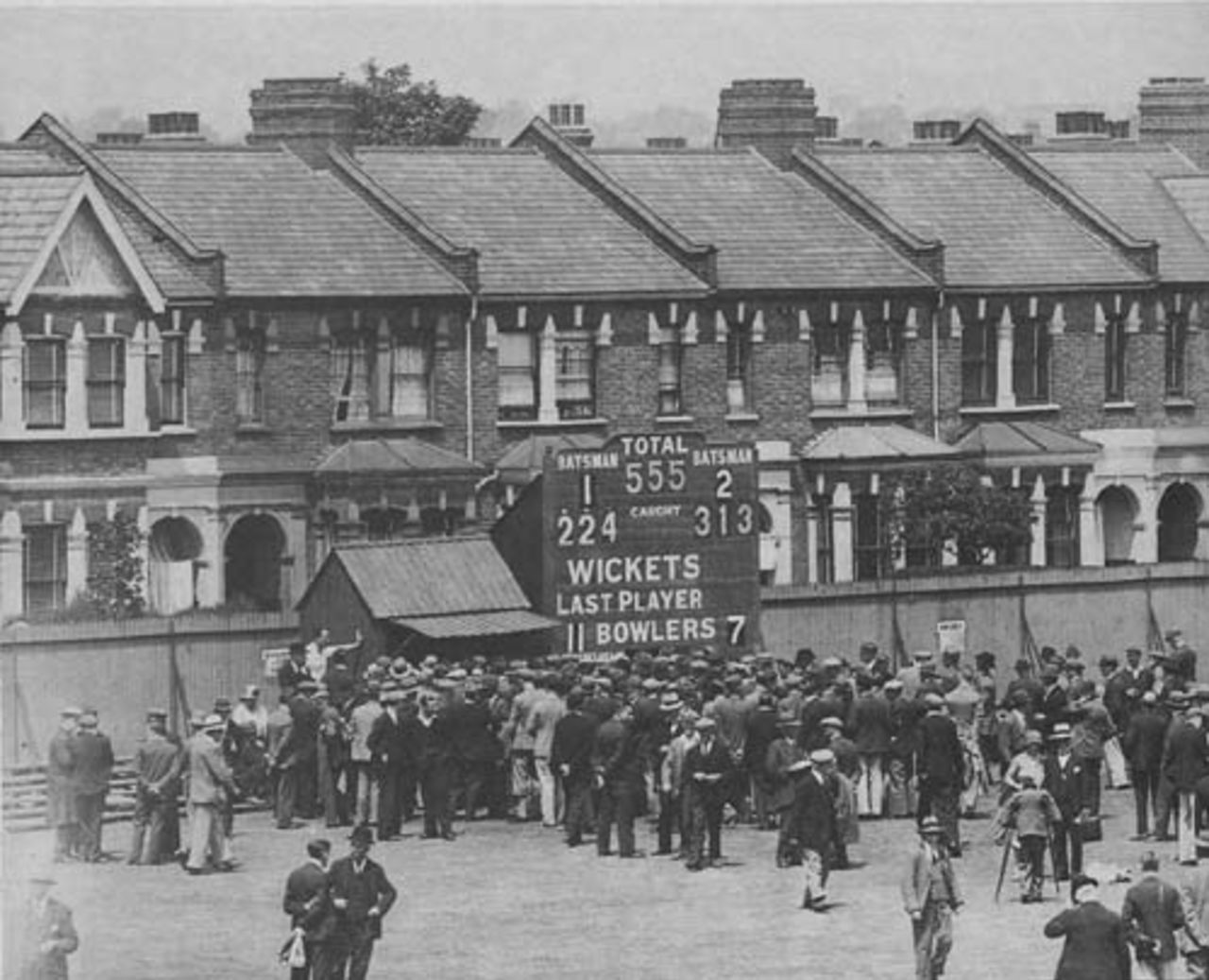 Crowds surround the scorebox after Percy Holmes and Herbert Sutcliffe's  555 first-wicket stand, Essex v Yorkshire, Leyton, June 16, 1932