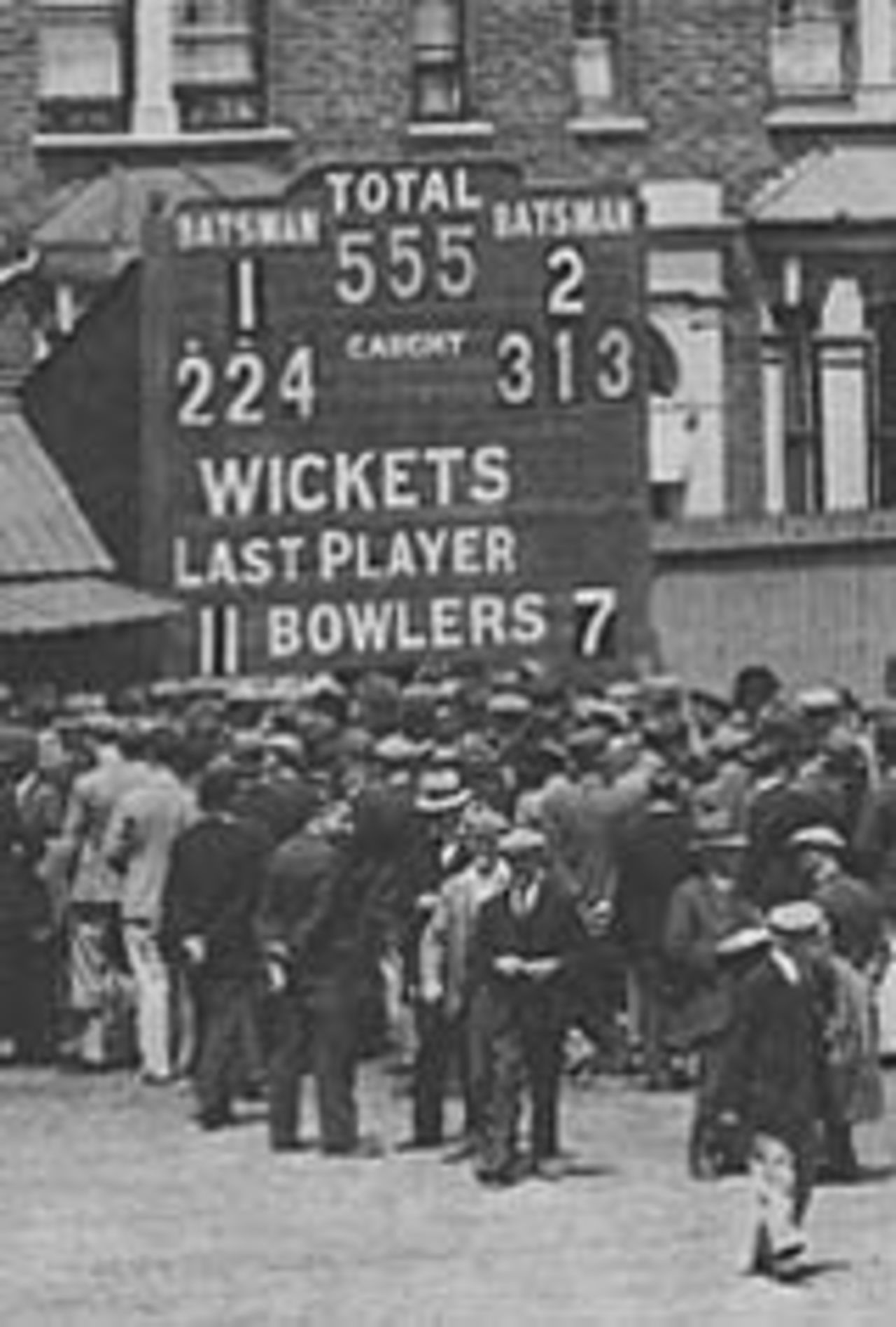 Crowds surround the scorebox after Percy Holmes and Herbert Sutcliffe's  555 first-wicket stand, Essex v Yorkshire, Leyton, June 16, 1932