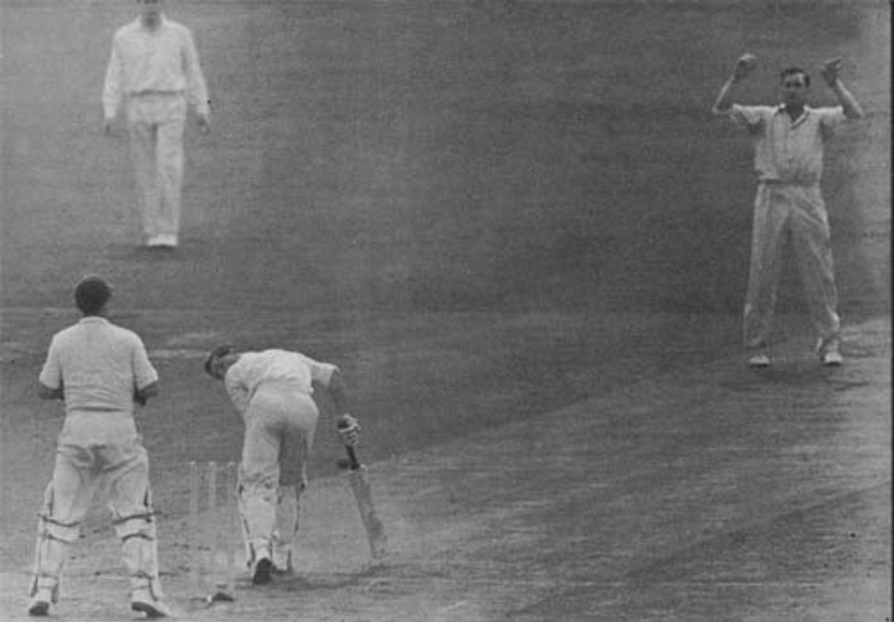 Neil Harvey is bowled by Jim Laker for 0 in the first innings, England v Australia, Manchester, July 31, 1956