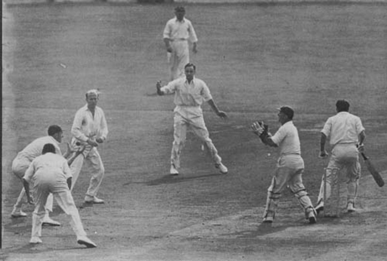 Ken MacKay is caught by Alan Oakman, bowled Jim Laker, England v Australia, Manchester, July 31, 1956