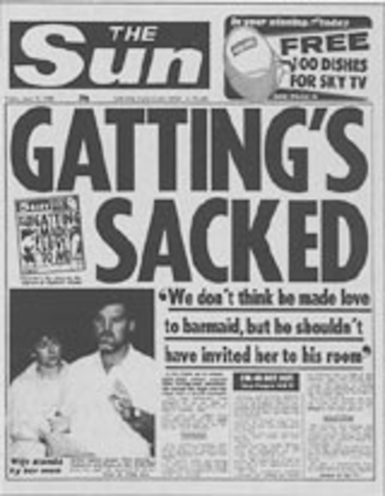 The Sun - Gatting's Sacked headline, June 1988