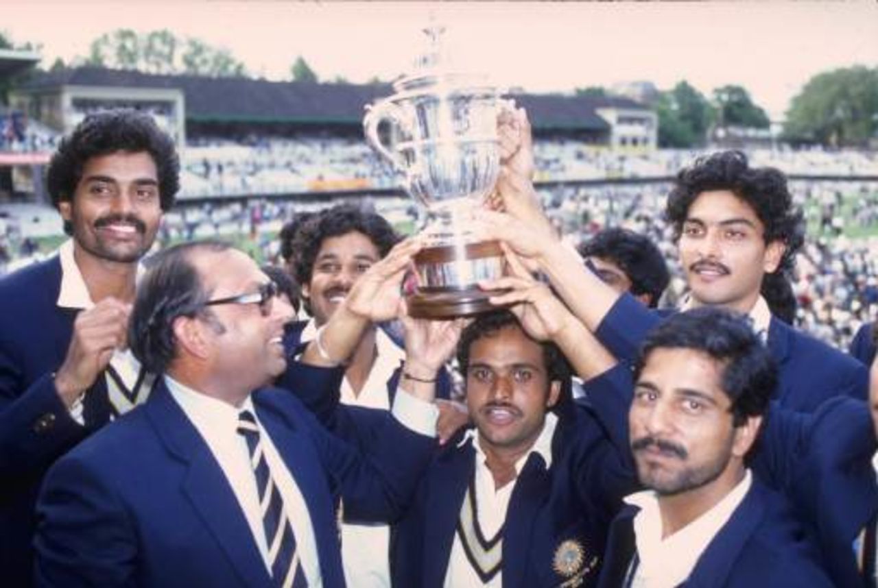 Indian team members celebrate after winning the 1983 Prudential World Cup, India v West Indies, World Cup final, Lord's, June 25, 1983