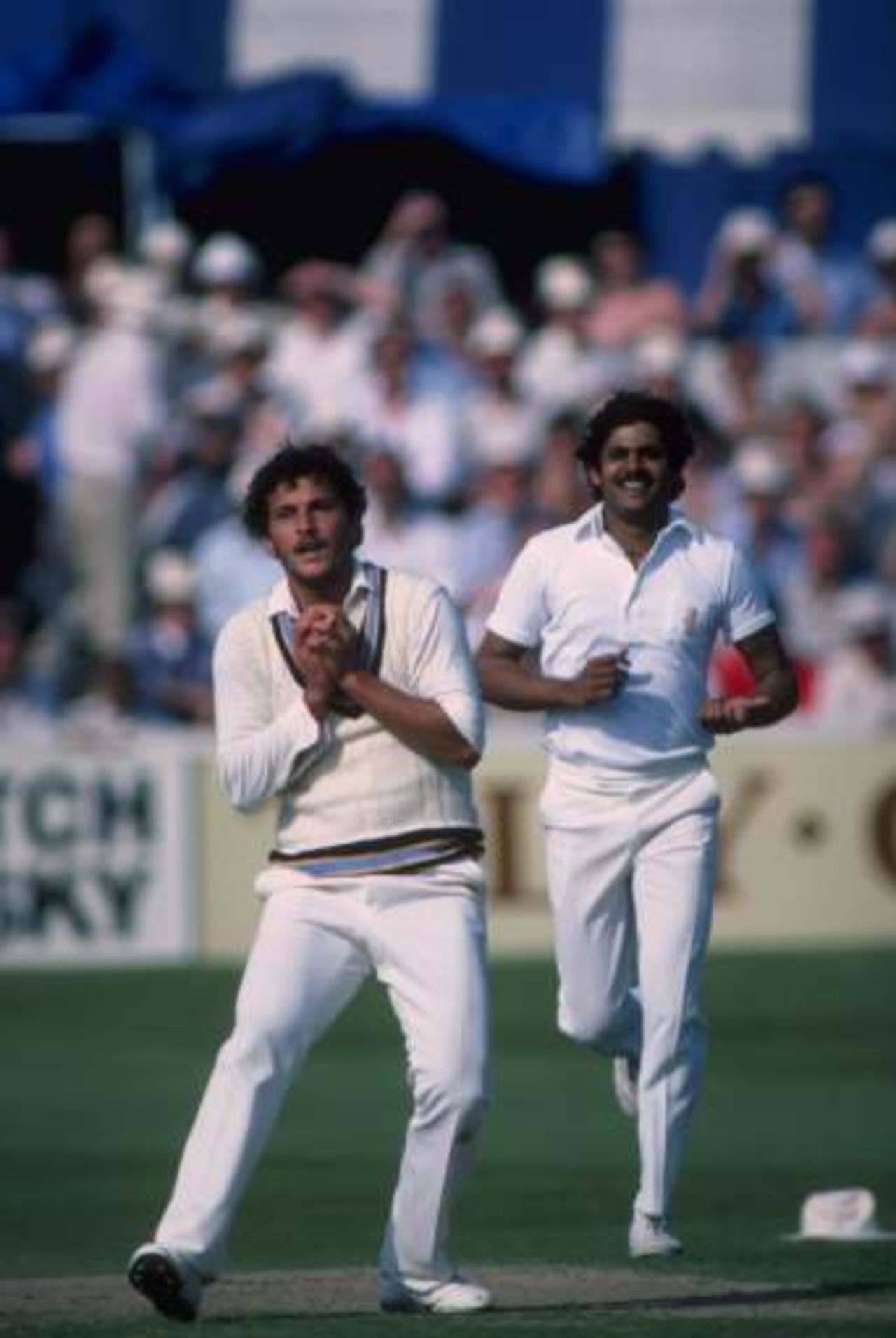 Roger Binny of India takes a catch with Kirti Azad backing up during  India's victory over Australia at Chelmsford, 1983 World Cup