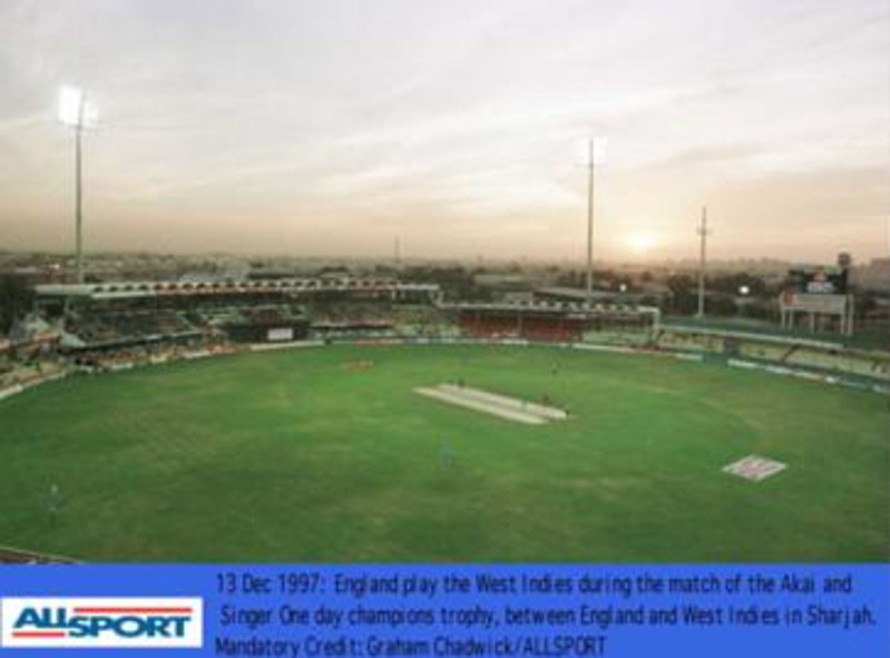 Champions Trophy 1997: Aerial view of  Sharjah Stadium as West Indies bat against England in the 3rd game of the tournament