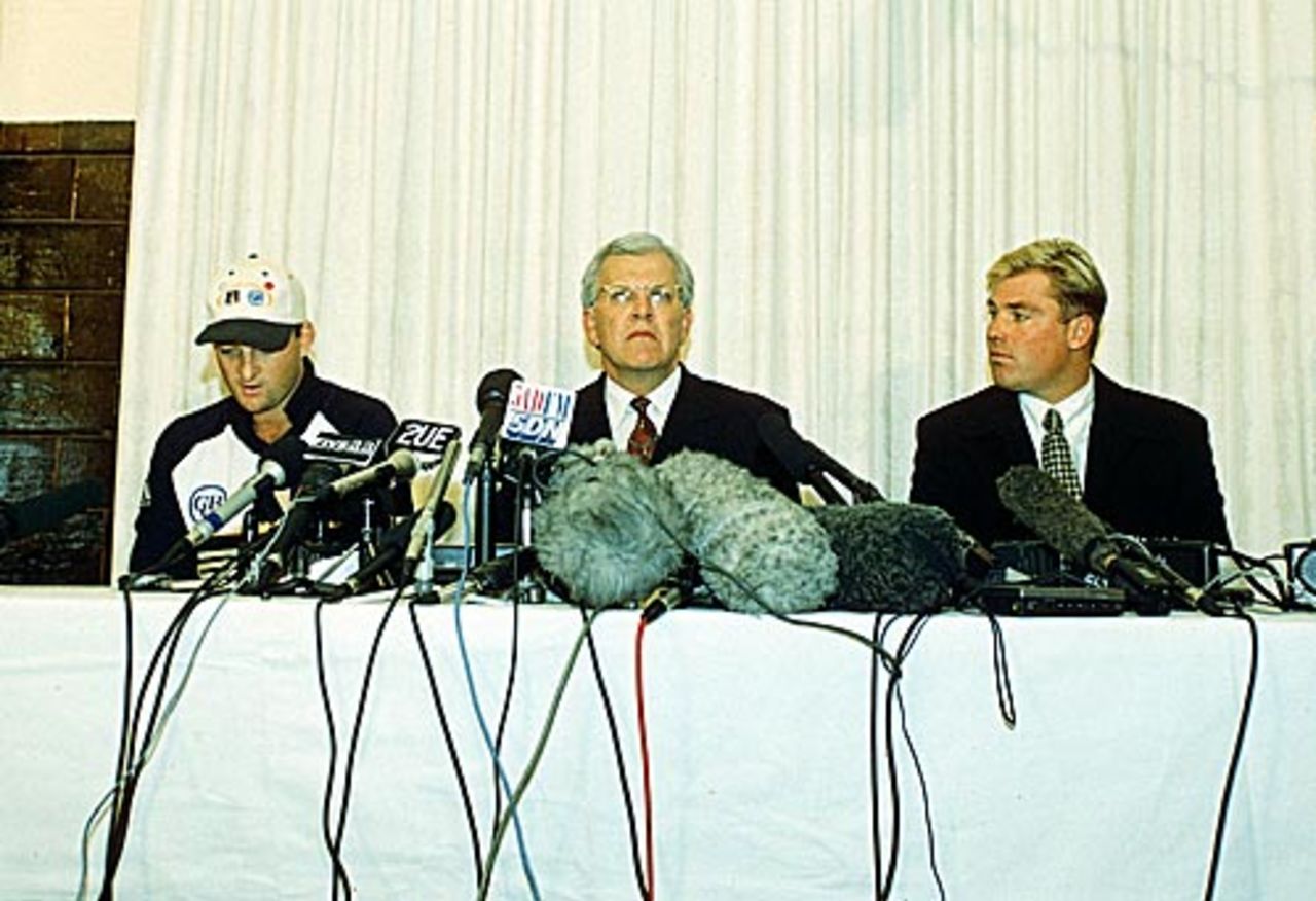 Mark Waugh, Malcolm Speed and Shane Warne face the media   at a press conference at the Adelaide Oval where they responded to   revelations that the two players were secretly fined a total of Aus $18,000 in  February 1995 by the ACB for selling information to a bookmaker