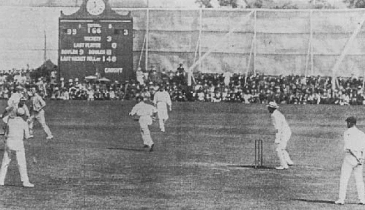Jack Hobbs completes his 100th run at Taunton and his record 126th century, Somerset v Surrey, August 18, 1925