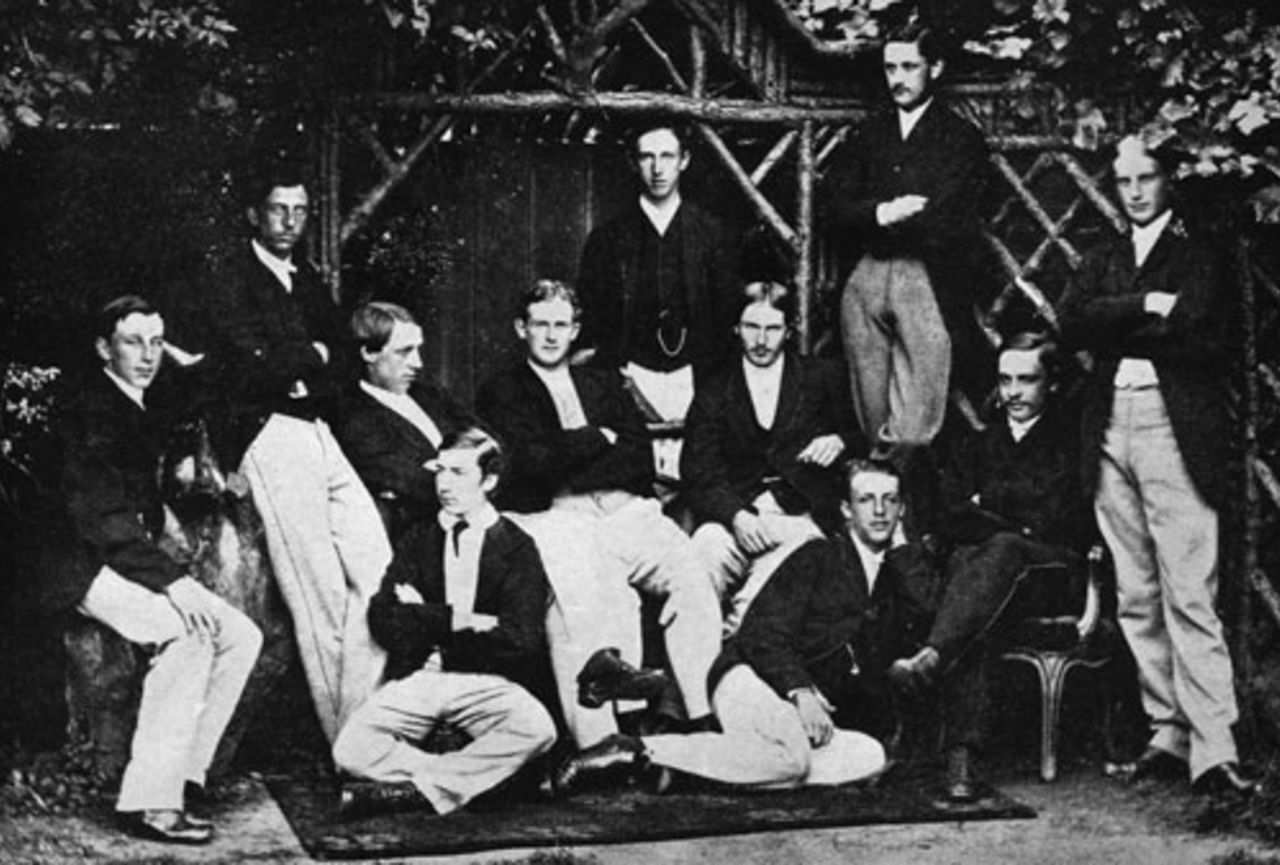 The Eton XI in 1866. Back: THW Pelham, H Gilliat, William Walrond. Middle: William Higgins, RNR Ferguson, Charles Thornton, Edgar Lubbock, Hon WB Barrington, JW Foley. Front:  HM Walter, JC Reiby, June 1866