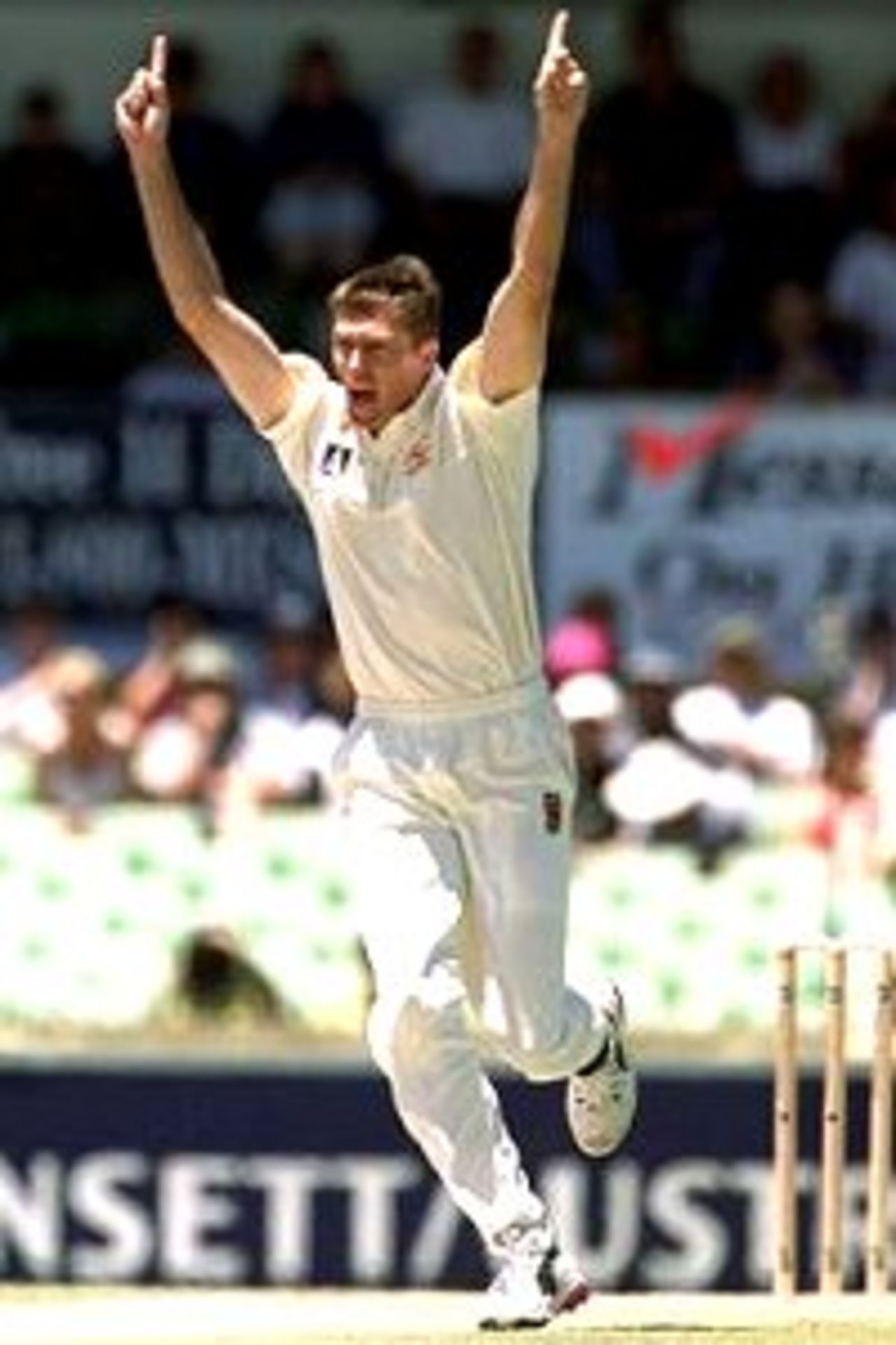 1 Dec 2000: Glenn McGrath of Australia claims his 300th Test wicket by having Brian Lara of the West Indies caught by Stuart MacGill first ball for nought as part of a hat trick during the first days play of the Second Test match between Australia and West Indies at the WACA Cricket Ground, Perth, Australia.