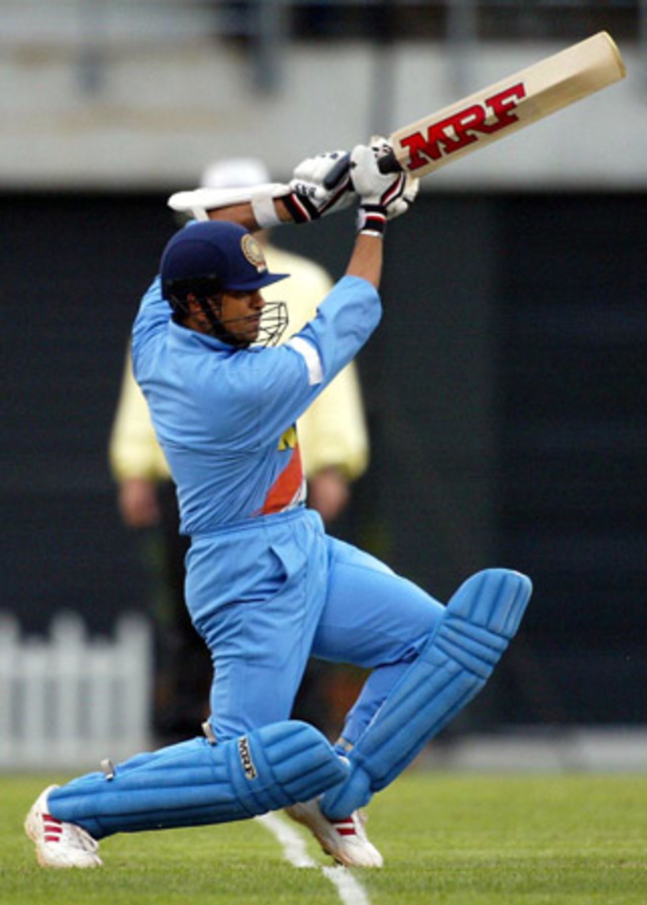 Indian batsman Tendulkar drives a delivery down the ground during his first innings of 72. Super Max International: New Zealand v India at Jade Stadium, Christchurch, 4 December 2002.