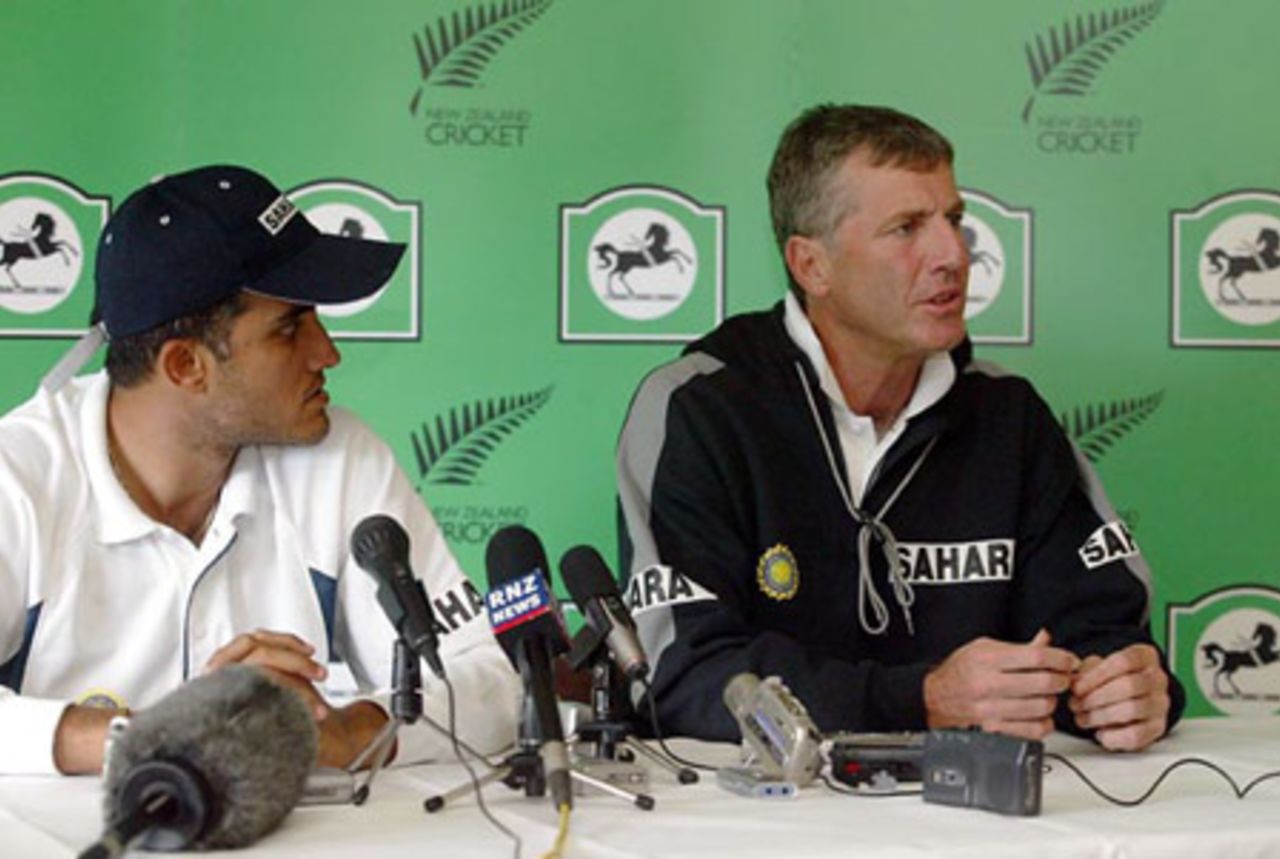 Indian coach John Wright (right) speaks at the post-match press conference as captain Sourav Ganguly looks on. 2nd Test: New Zealand v India at Westpac Park, Hamilton, 19-23 December 2002 (22 December 2002).