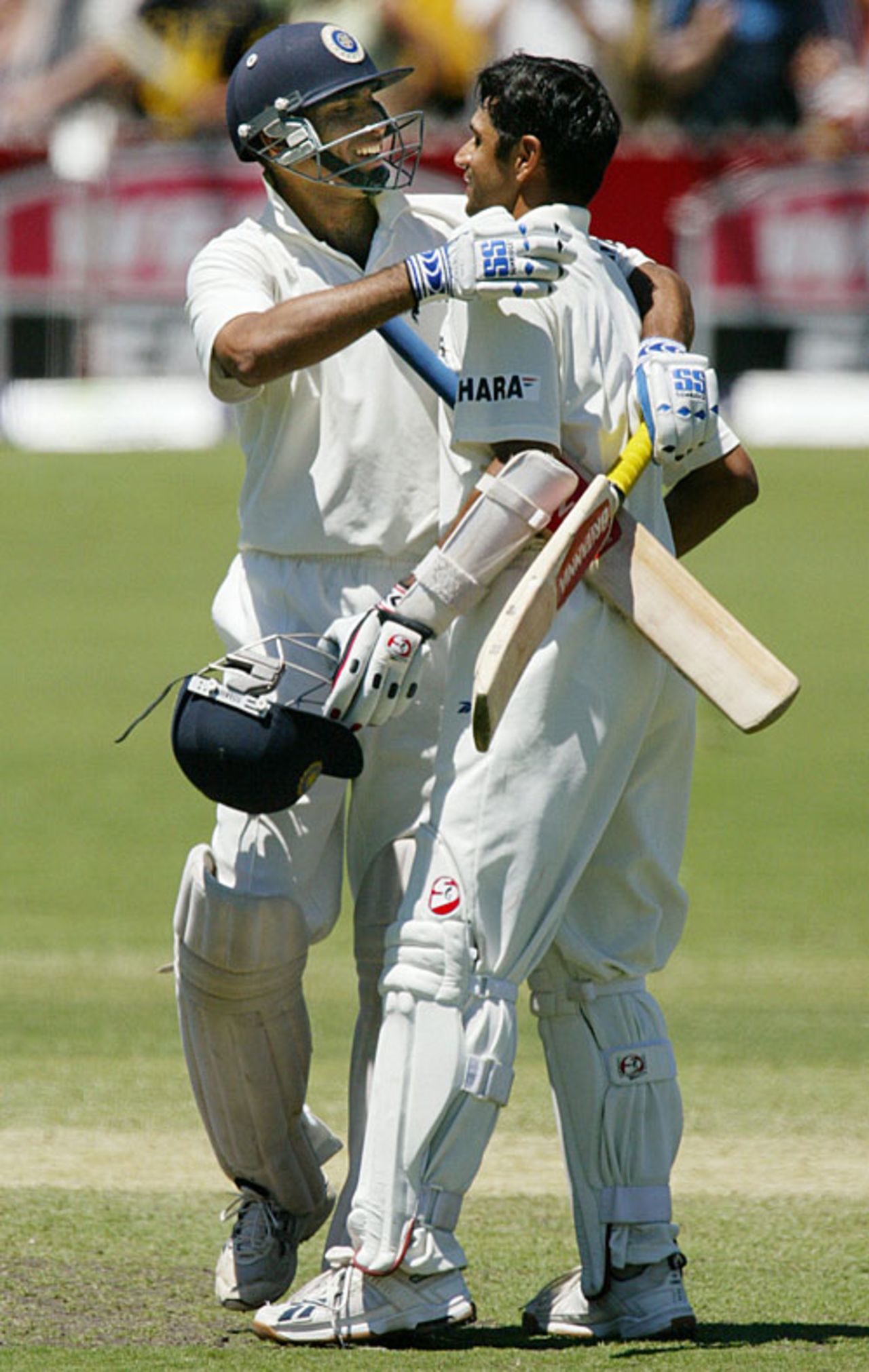 There's hugs all around as Rahul Dravid and VVS Laxman pull India out of the woods, Australia v India, 2nd Test, Adelaide, 3rd day, December 14, 2003