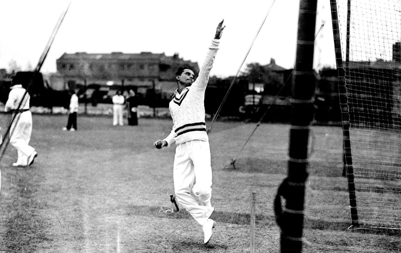 Vijay Hazare bowling in the nets in the 1946 England tour