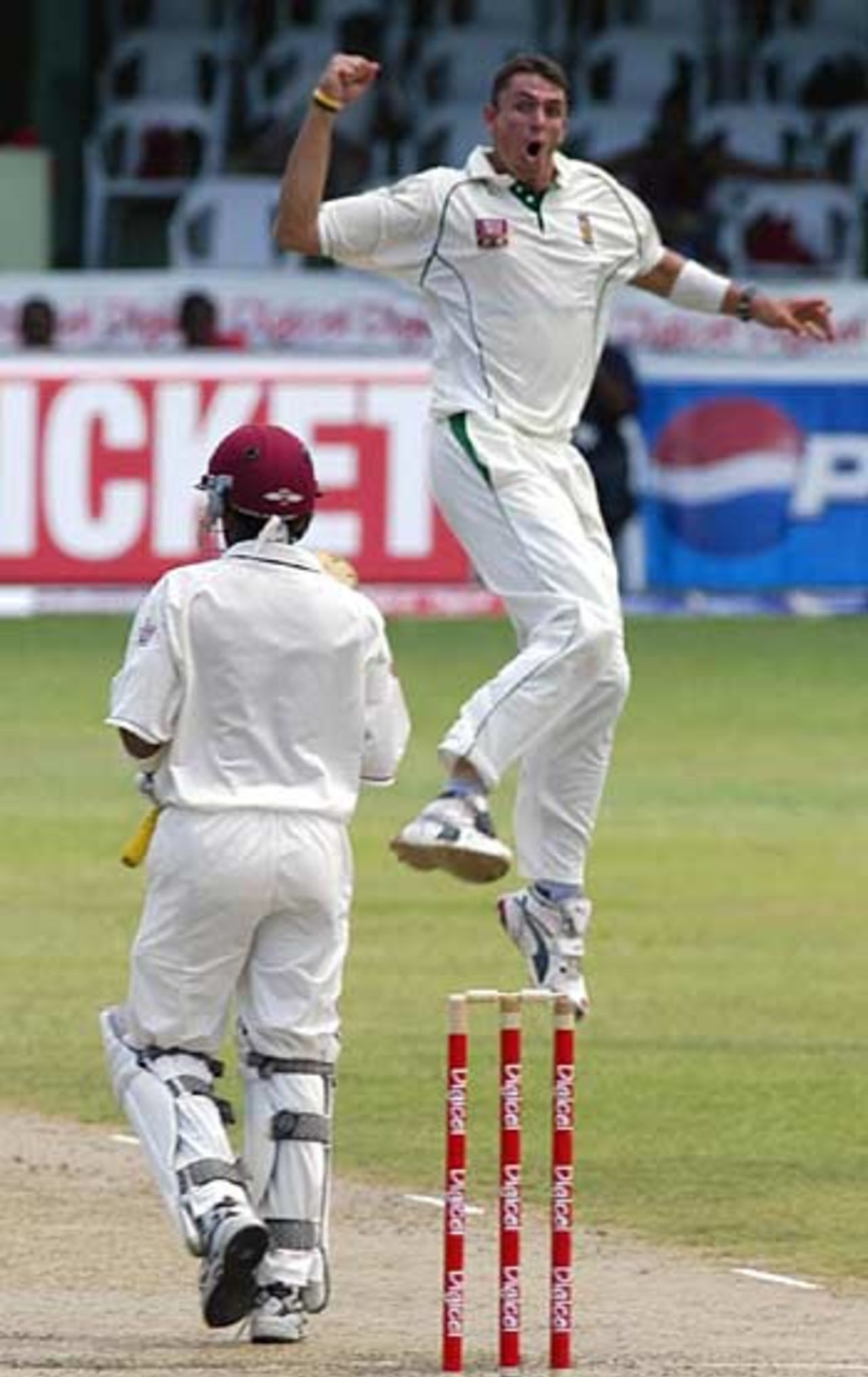 Andre Nel celebrates dismissing Ramnaresh Sarwan, West Indies v South Africa, 3rd Test, Barbados, April 21, 2005