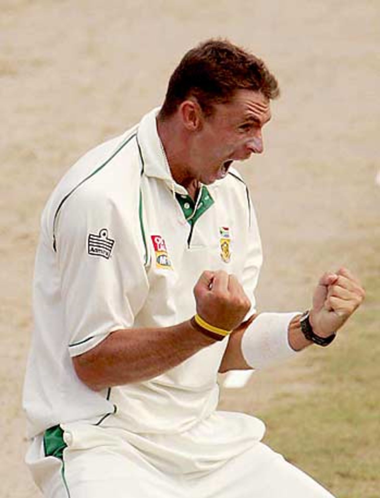 Andre Nel celebrates a wicket, West Indies v South Africa, 3rd Test, Barbados, April 21, 2005