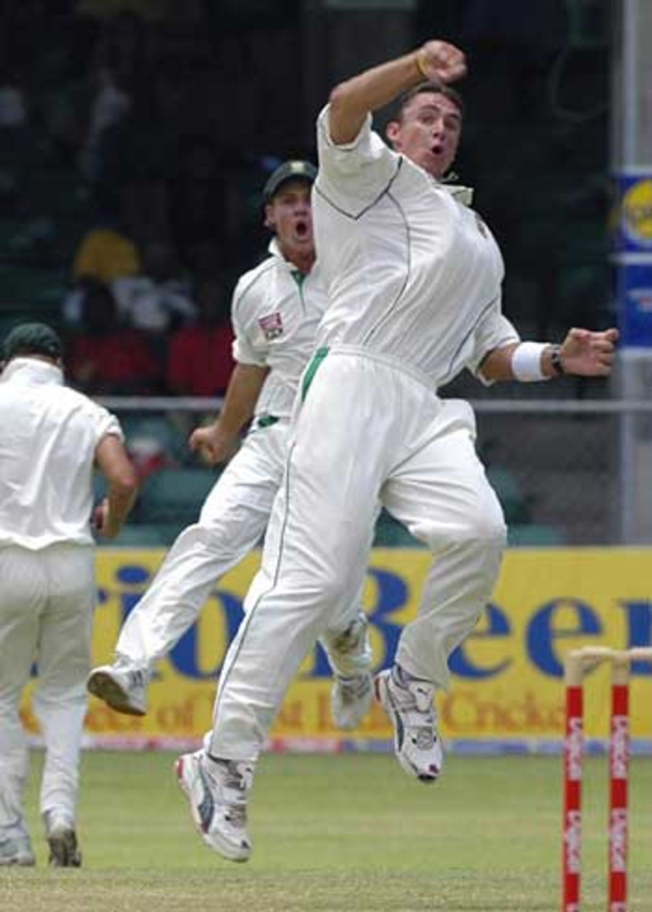 Andre Nel celebrates one of his wickets on the 4th day of the 3rd Test against West Indies, in Barbados