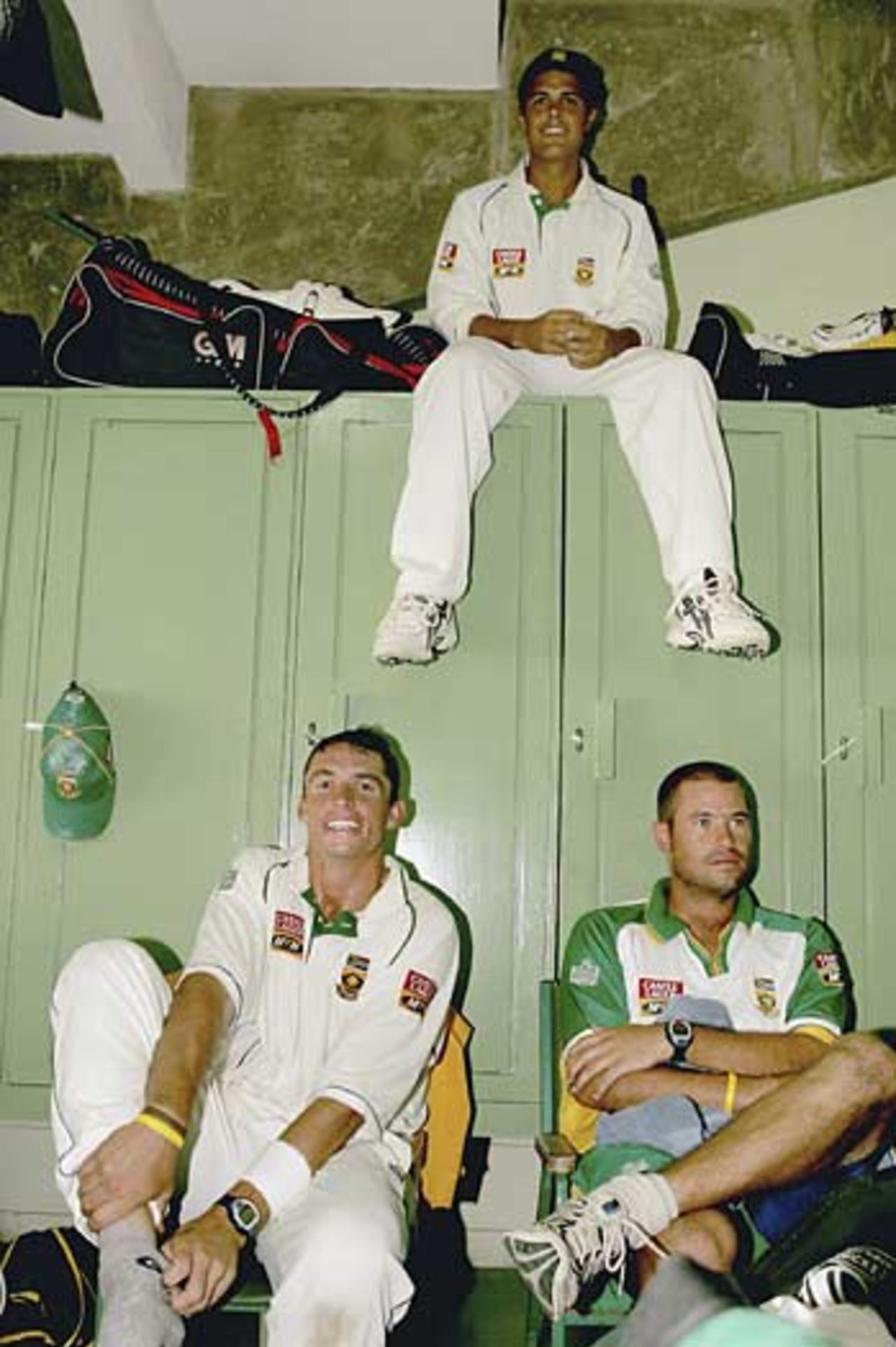 Andre Nel, Andrew Hall and Jacques Rudolph relax after South Africa's victory, West Indies v South Africa, 3rd Test, Barbados, April 24, 2005