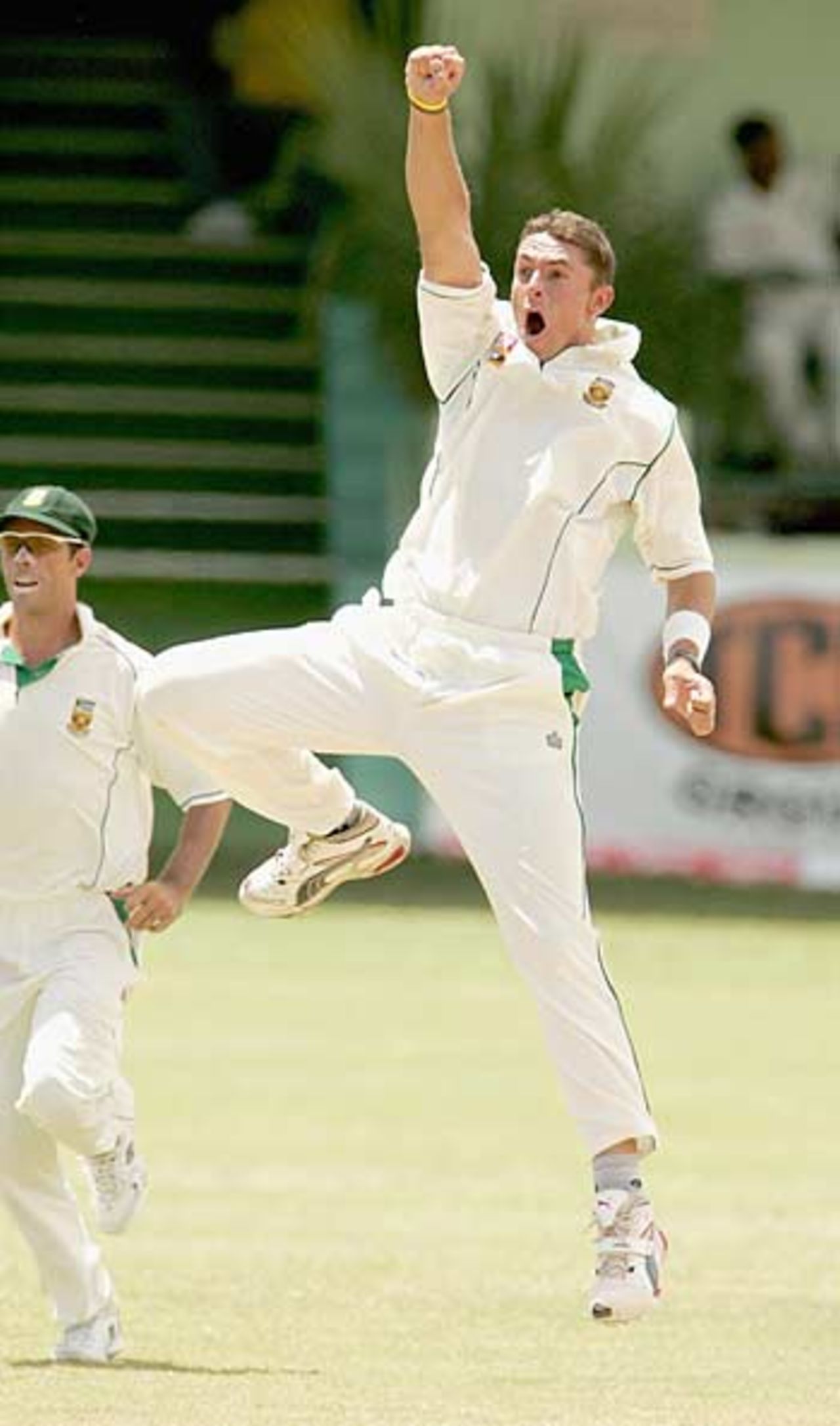 Andre Nel celebrates on his way to 6 for 32, West Indies v South Africa, 3rd Test, Barbados, April 24, 2005