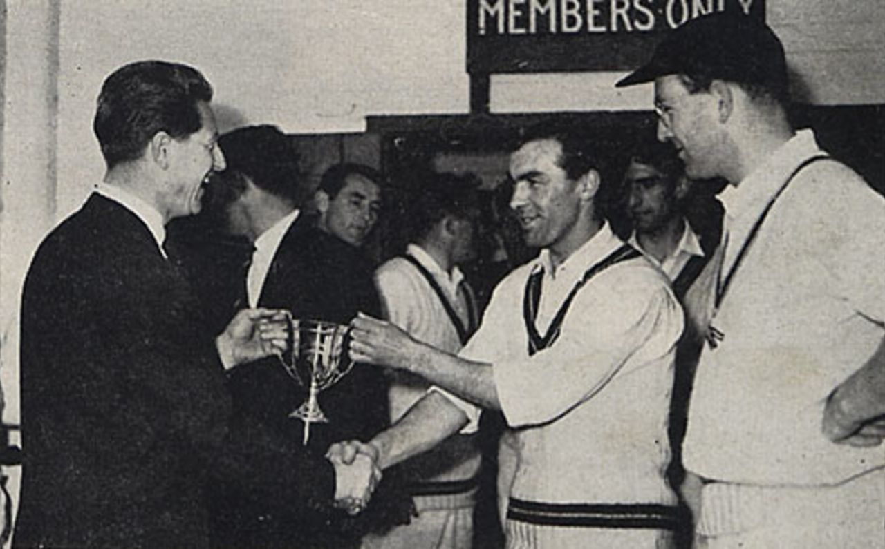 Mike Turner presents Keith Andrew with the Midland Knock-Out Cup after Northants' victory, May 9, 1962