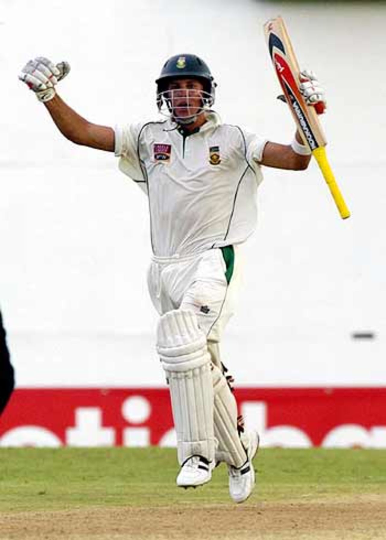 AB de Villiers celebrates his second consecutive century, West Indies v South Africa, fourth Test, Antigua, day one, April 29, 2005 