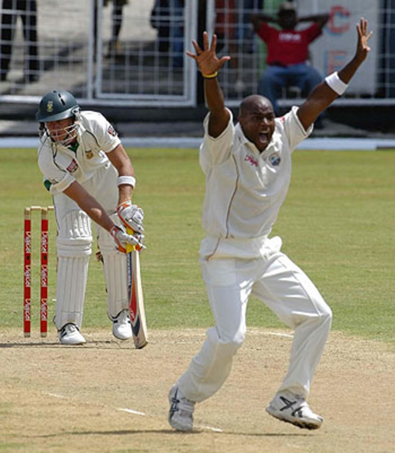 Tino Best appeals for the wicket of AB de Villiers, on the second day in Antigua, West Indies v South Africa, 4th Test, April 30, 2004