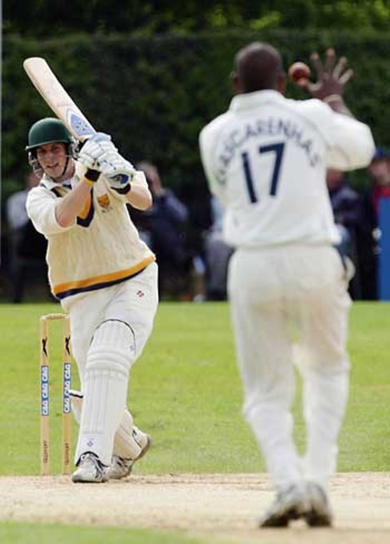 Duncan Catterall is caught and bowled by Dimitri Mascarenhas, Shropshire v Hampshire, Whitchurch, May 4