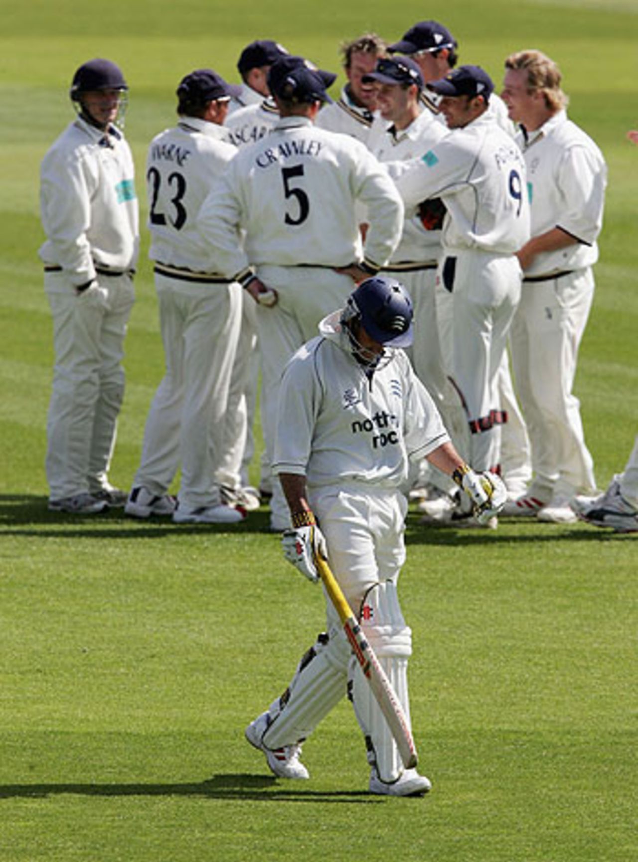 Andrew Strauss trudges back to the pavilion, after being dismissed for 6 against Hampshire at The Rose Bowl, May 7, 2005