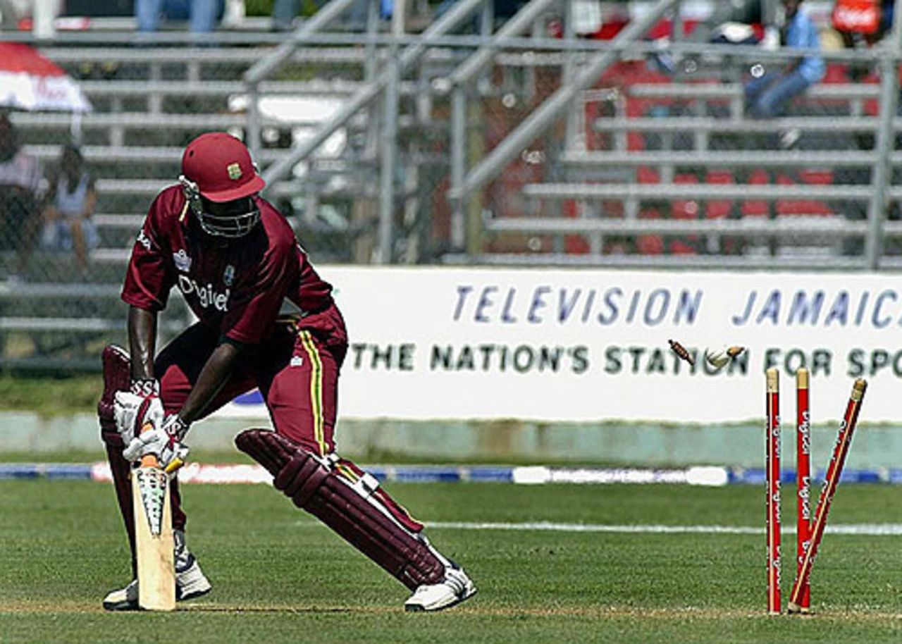 Wavell Hinds is bowled by Makhaya Ntini for 5 in the first one-day international at Kingston
