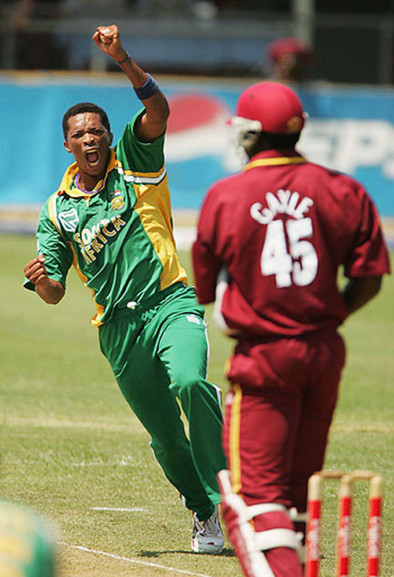 Makhaya Ntini celebrates as Chris Gayle falls to a brilliant catch from Herschelle Gibbs, West Indies v South Africa, 1st ODI, May 7, 2005