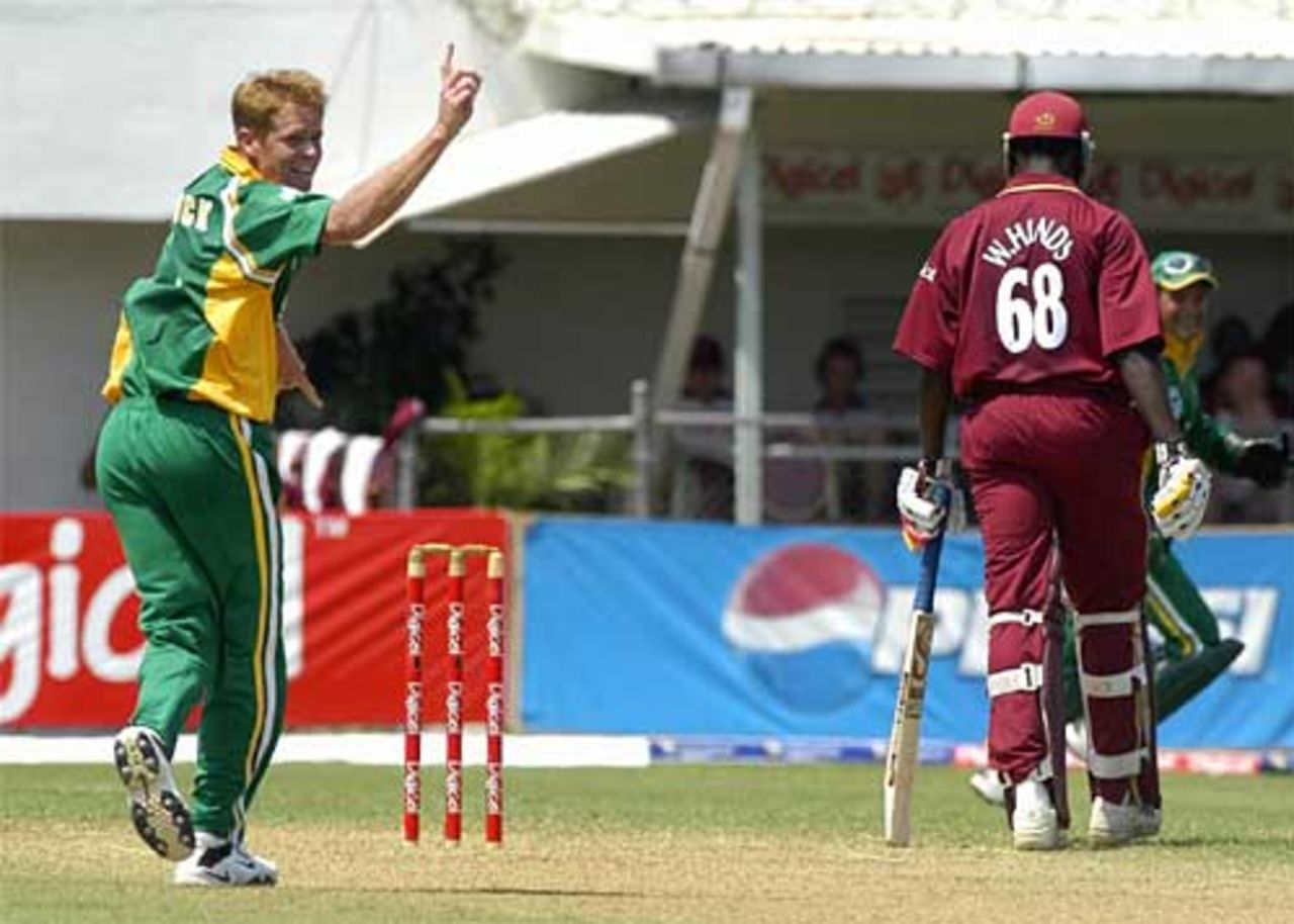 Shaun Pollock celebrates dismissing Wavell Hinds in the second one-dayer at Kingston, West Indies v South Africa, second ODI, Kingston, Jamaica, 8 May 2005