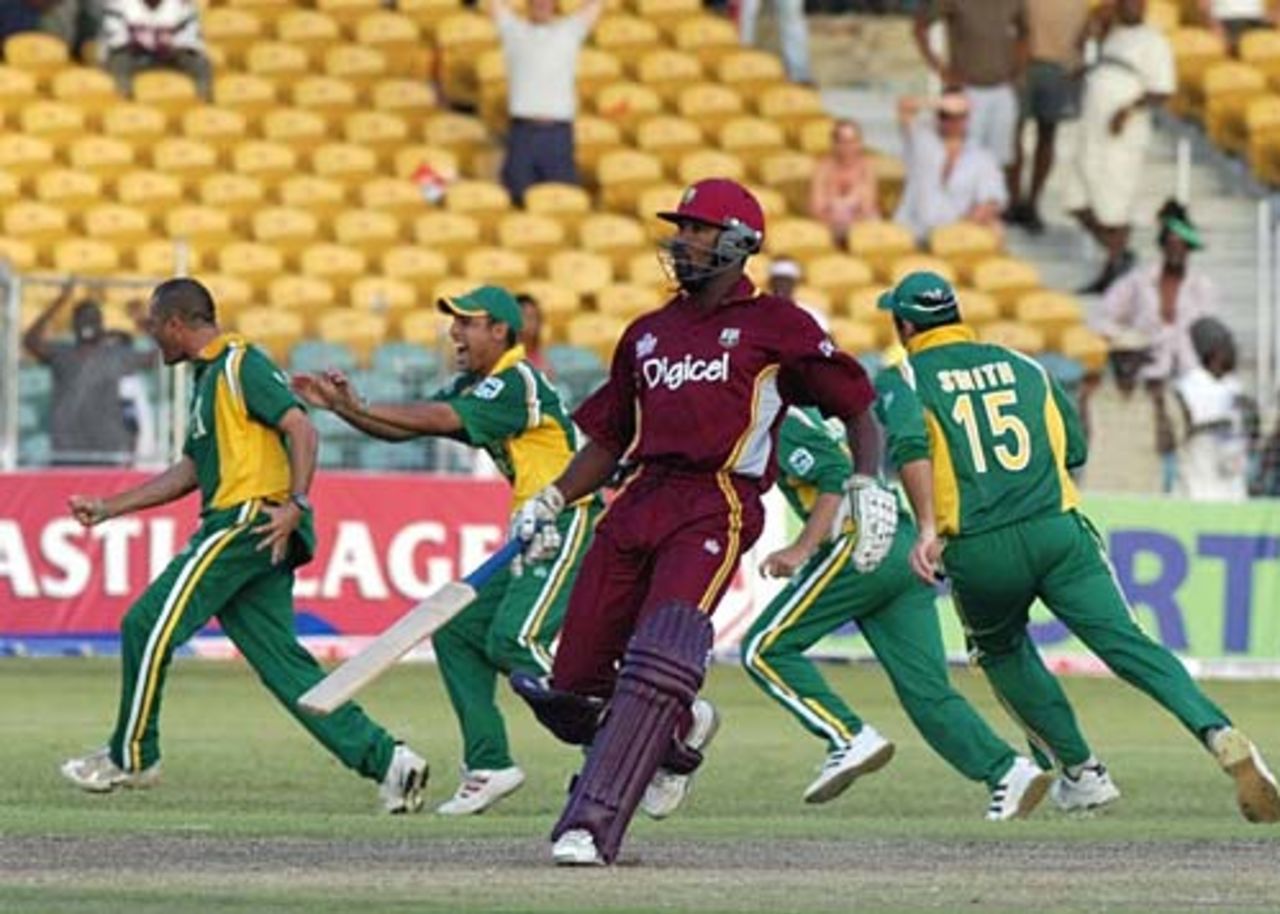 Corey Collymore  is out lbw giving Charl Langeveldt a hat-trick, West Indies v South Africa, 3rd ODI, Barbados, May 11, 2005