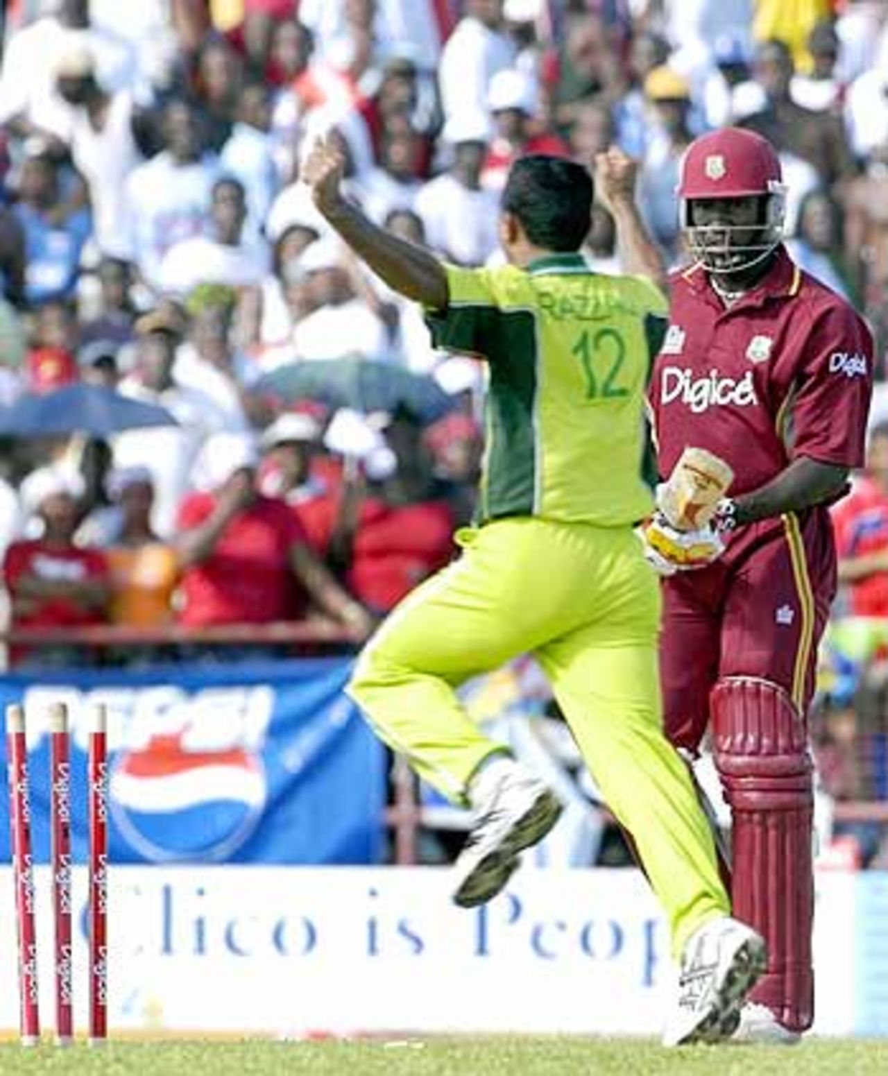 Abdul Razzaq celebrates the dismissal of Wavell Hinds, West Indies v Pakistan, 1st ODI, St.Vincent, May 18, 2005