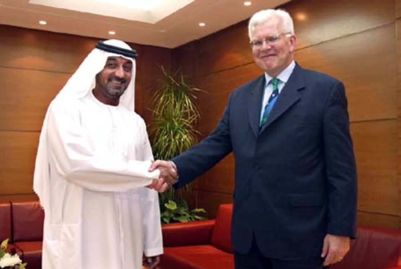 His Highness Sheikh Ahmed bin Saeed Al-Maktoum, Chairman Emirates Group, greets Malcolm Steed, the International Cricket Council's Chief Executive Officer, ahead of the signing of the continuation of Emirates agreement that will see the airline sponsor the ICC's elite panel of umpires and match referees for the next three years.