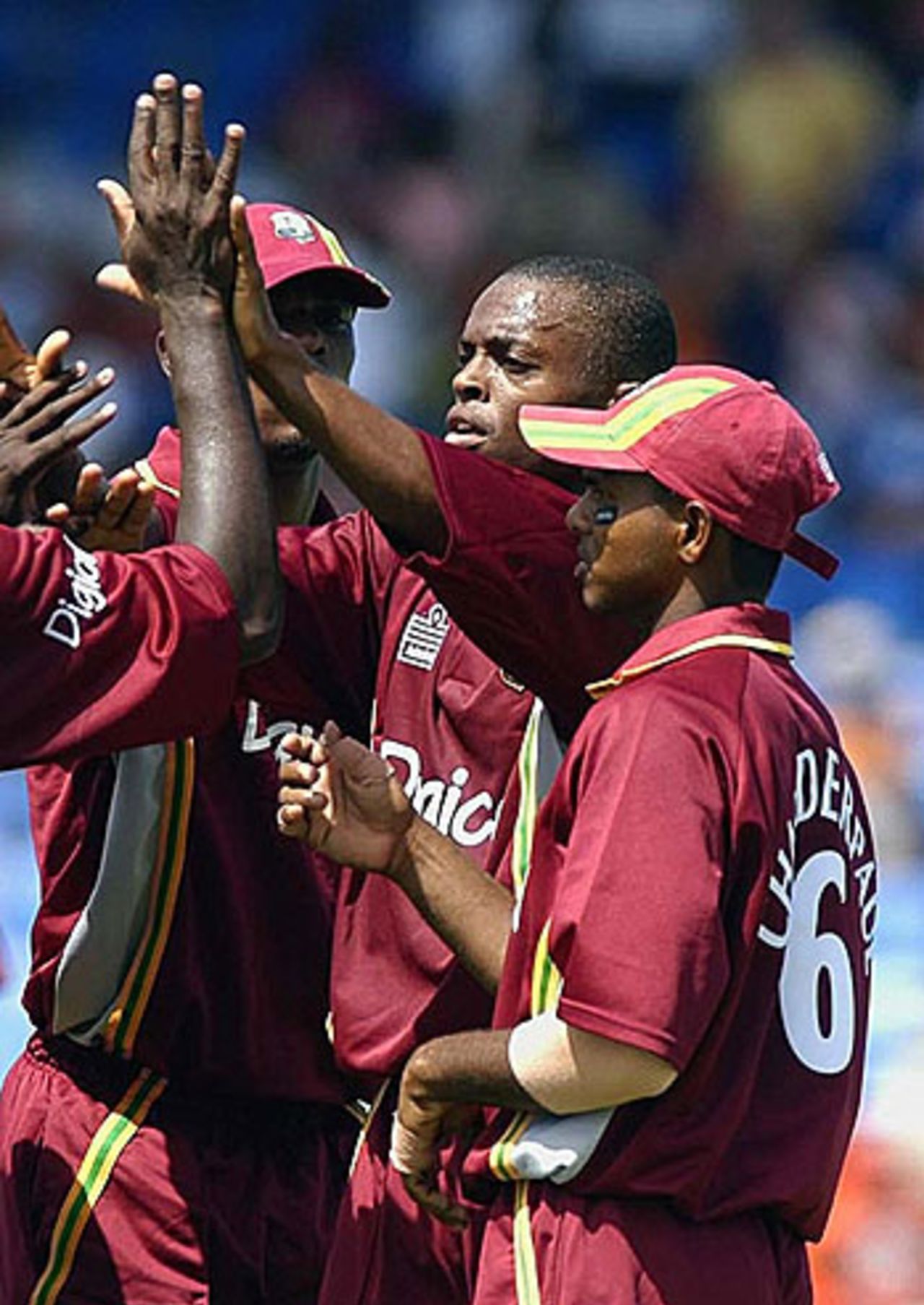 Daren Powell celebrates the dismissal of Shahid Afridi, as West Indies strike early at Beausejour