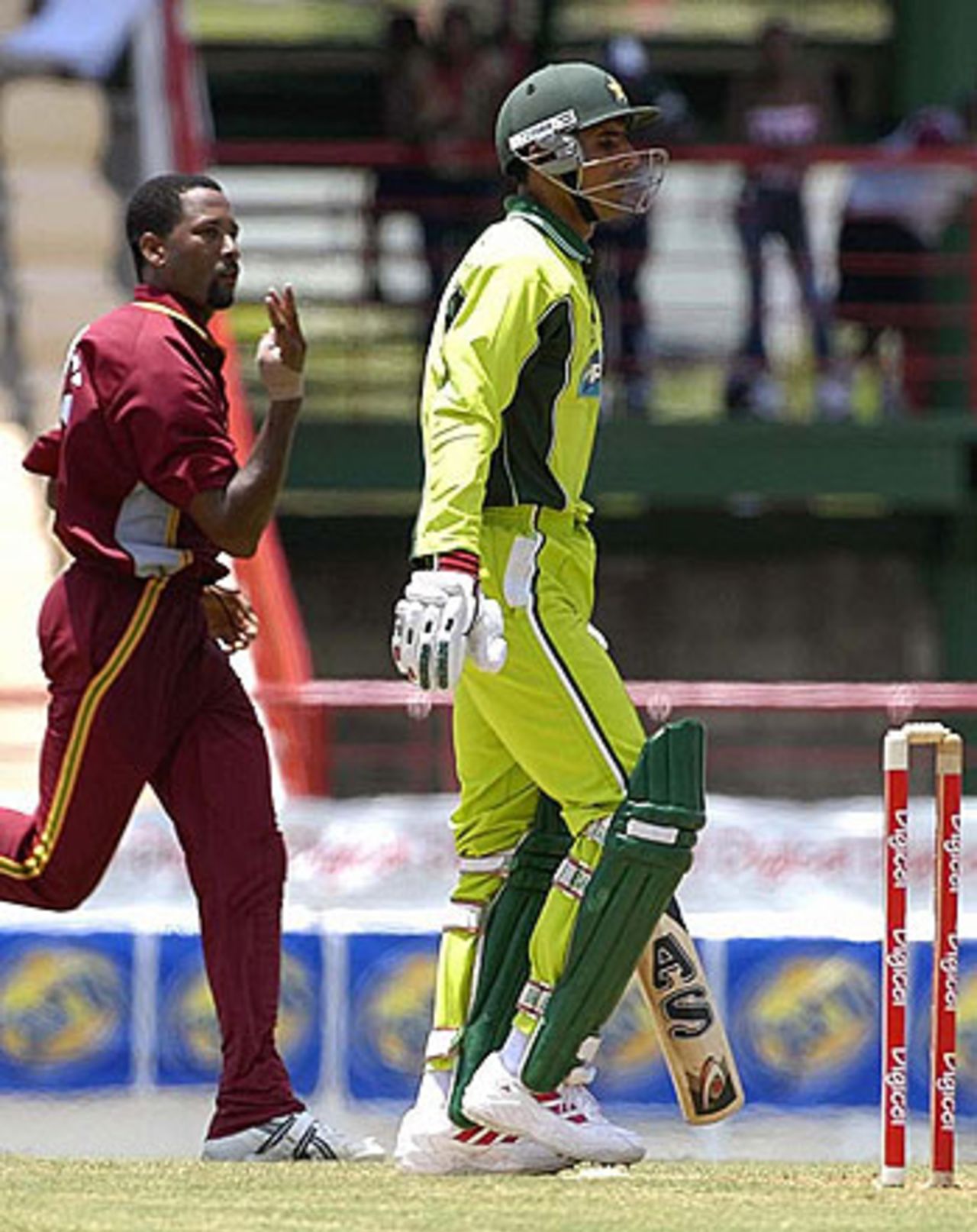 Adbul Razzaq is bowled by Corey Collymore, during the second one-day international between Pakistan and West Indies in St Lucia, May 21, 2005