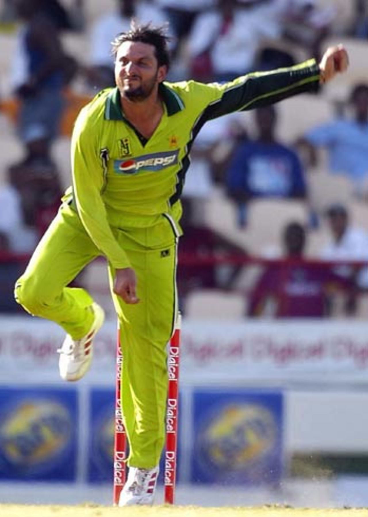Shahid Afridi bowling during the second one-dayer between West Indies and Pakistan in St Lucia, May 21, 2005