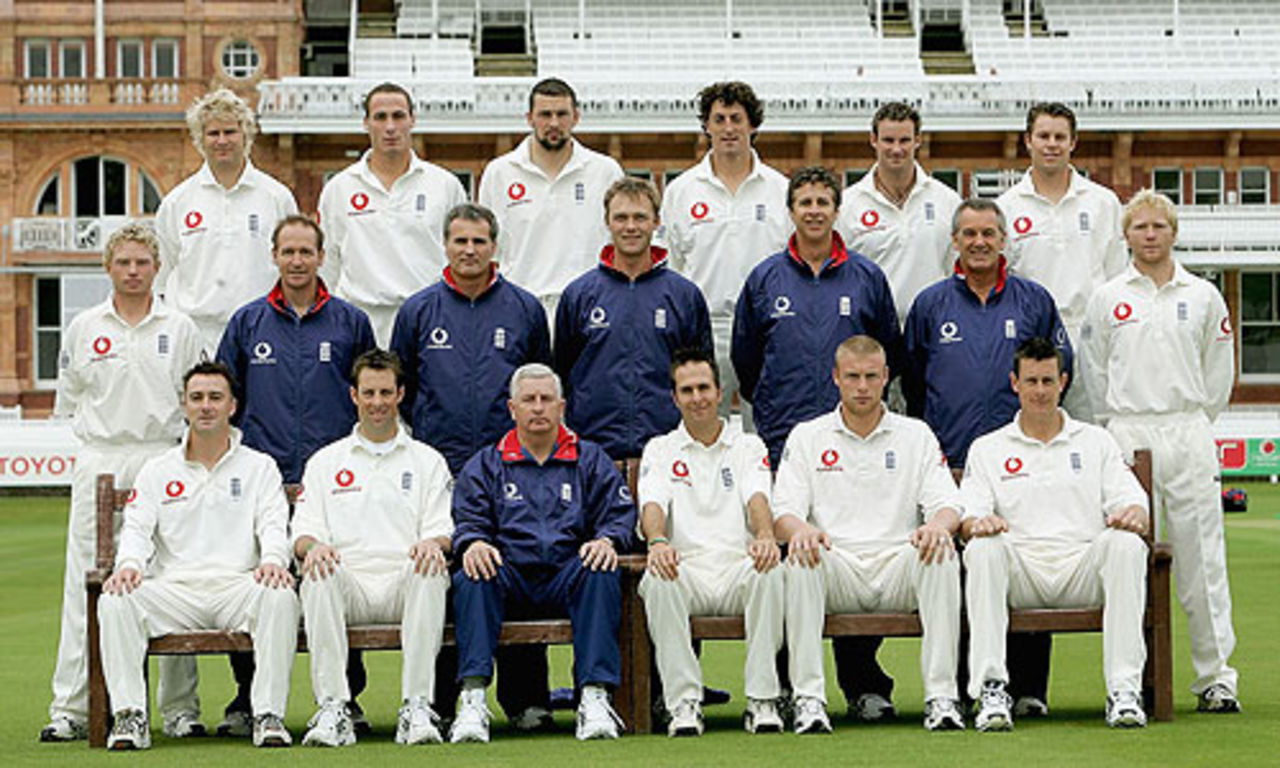 The England team line up ahead of the first Test against Bangladesh, May 25, 2005