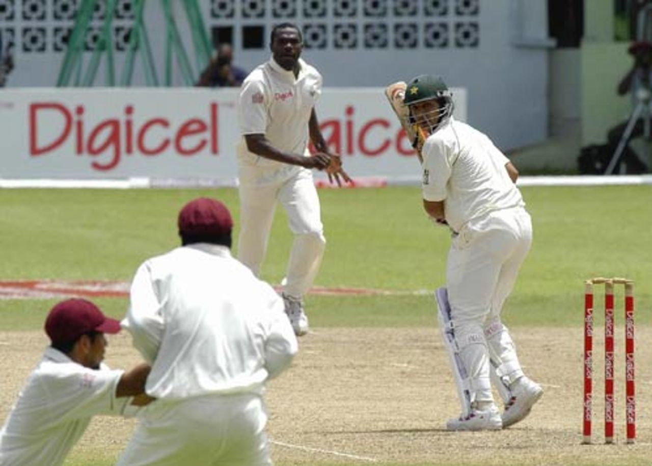 Salman Butt watches in relief as Ramnaresh Sarwan makes a mess of a catch in the slips off Reon King, West Indies v Pakistan, 1st Test, Barbados, May 27