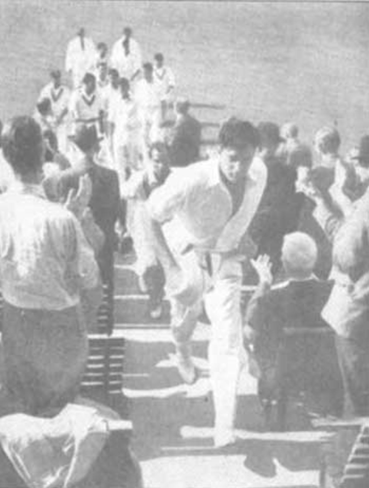 Fazal Mahmood walks to the steps at The Oval following his 12-wicket haul against England
