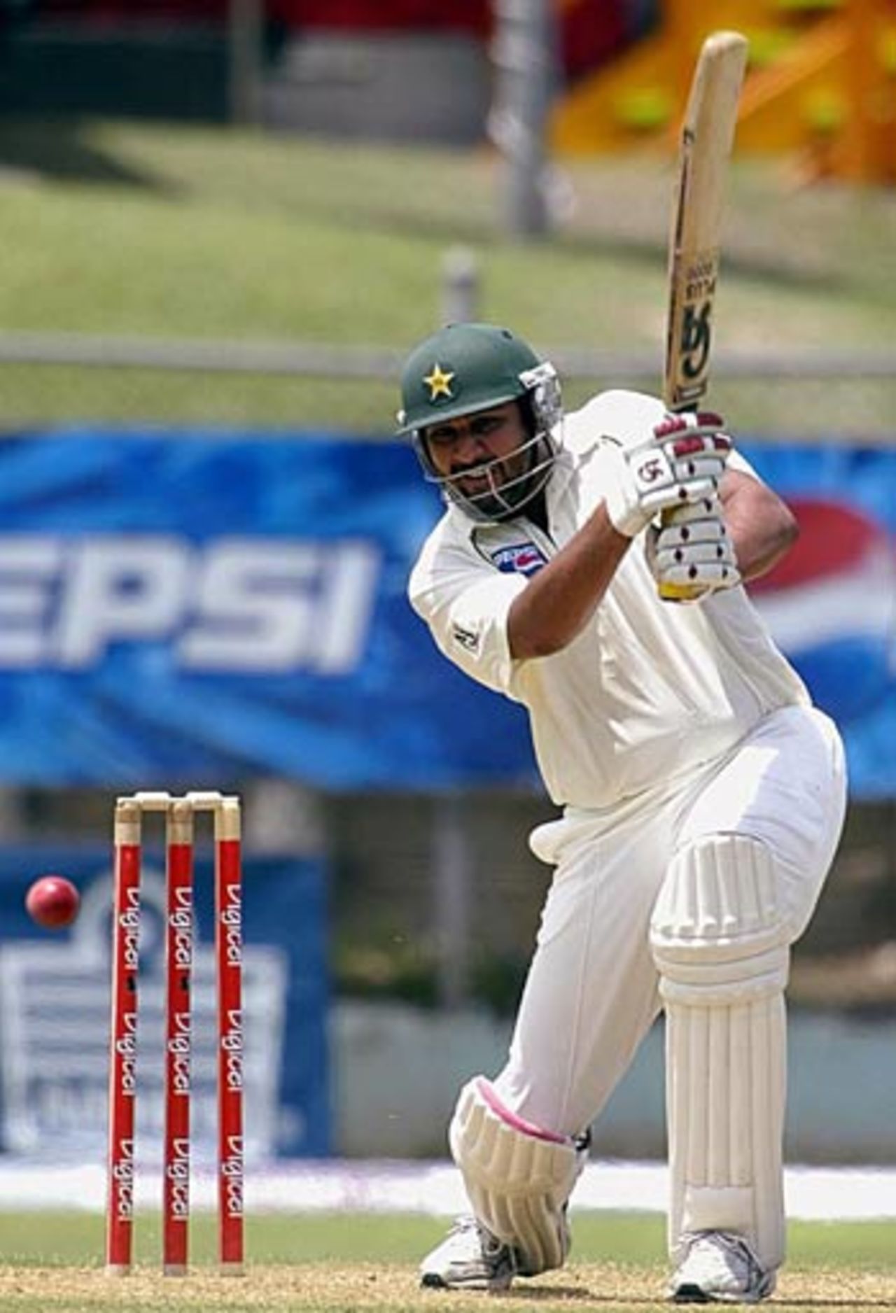 Inzamam-ul-Haq drives one on the off side en route to his half-century, West Indies v Pakistan, 2nd Test, Jamaica, June 3, 2005