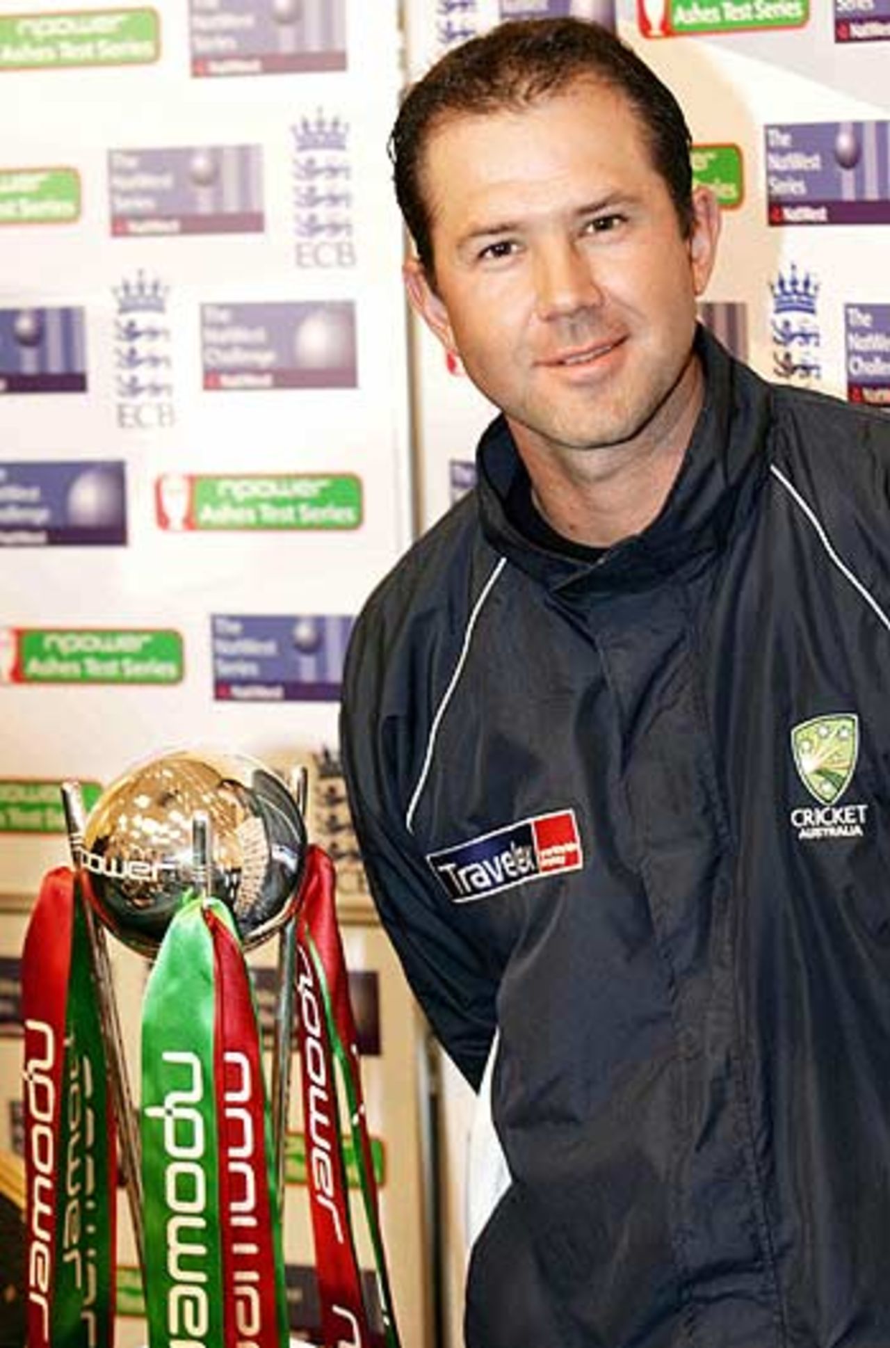 Ricky Ponting poses with the Ashes Test trophy, Ashford, June 5, 2005