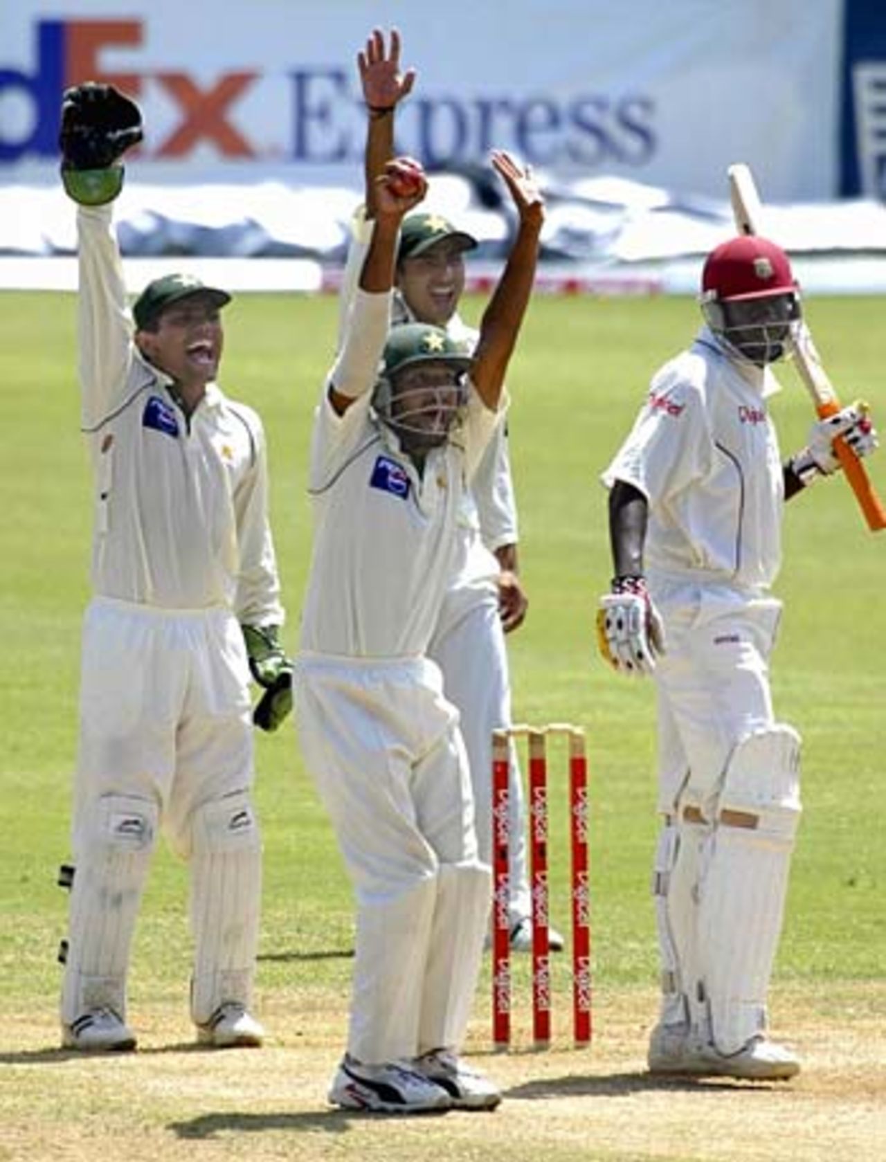 Pakistan fielders appeal unsuccessfully for the wicket of Wavell Hinds, West Indies v Pakistan, 2nd Test, Kingston, June 5, 2005