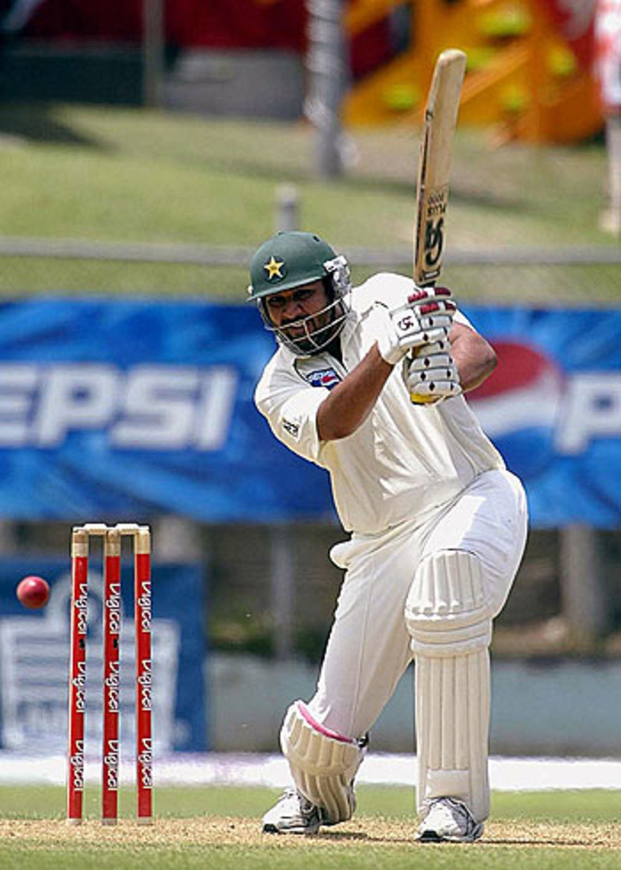 Inzamam-ul-Haq drives through the covers, as Pakistan build a healthy lead at Sabina Park, June 6, 2005