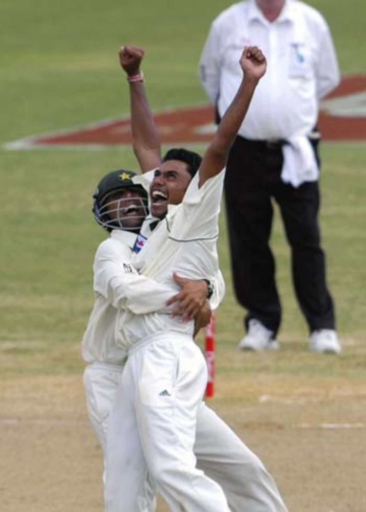 Danish Kaneria celebrates getting back into the groove with a wicket, West Indies v Pakistan, 2nd Test, Jamaica, June 6, 2005