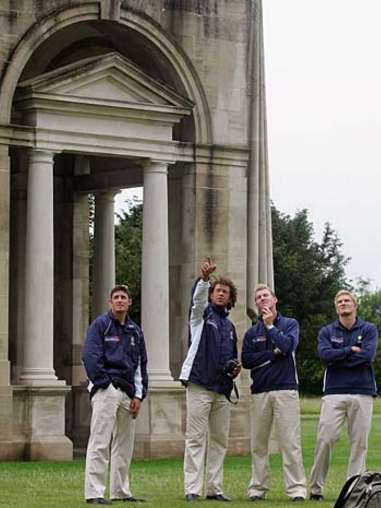 Australia's players at the Australian World War I Memorial and Cemetery near Villers-Bretonneux in northern France, June 6, 2005