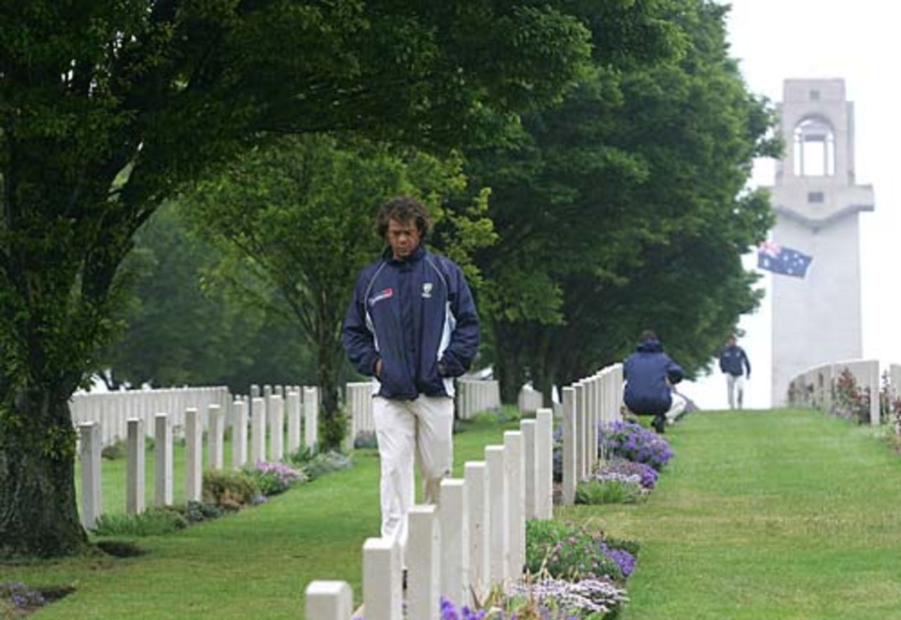 Andrew Symonds at the Australian World War I Memorial and Cemetery near Villers-Bretonneux in northern France, June 6, 2005