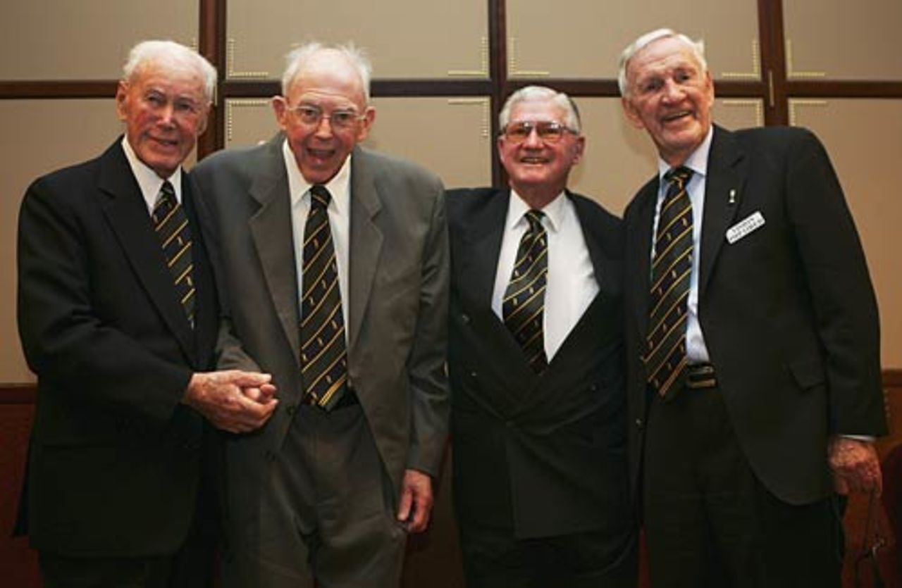 Bill Brown, Bill Johnston, Neil Harvey and Sam Loxton pose for a photo during  a reunion of the remaining Invincibles in Sydney, June 8, 2005