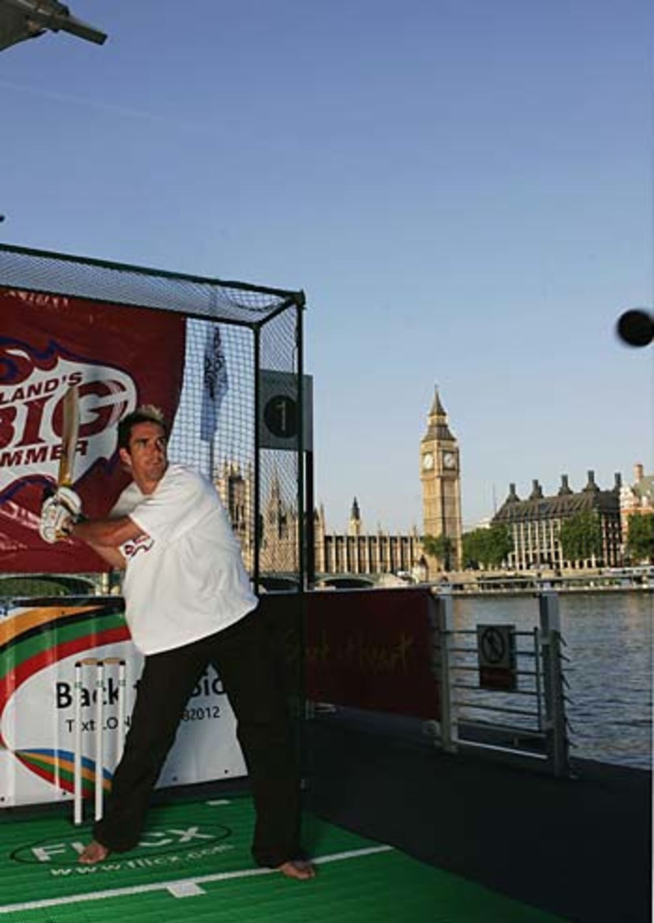 Kevin Pietersen hits a ball across the  Thames from the London Eye during the launch of England's Big Summer of Cricket 