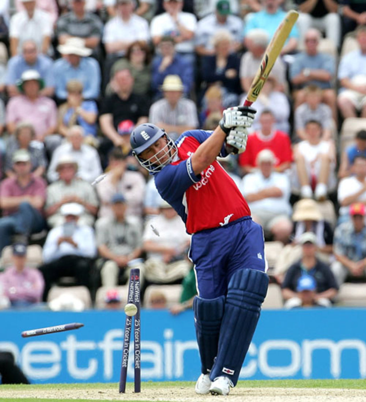 Darren Gough swings and misses, as England struggle against Hampshire, June 11, 2005