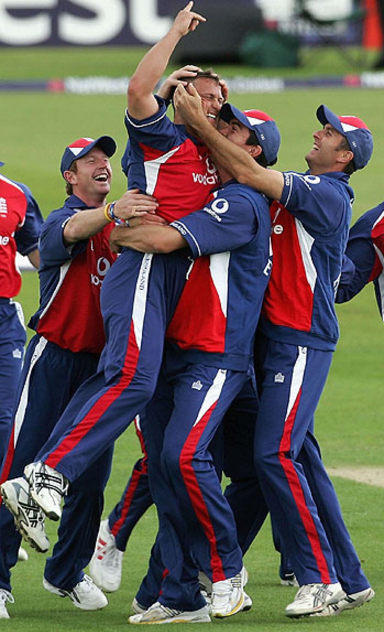 Darren Gough is mobbed by his team-mates after completing a hat-trick against Hampshire, June 11, 2005
